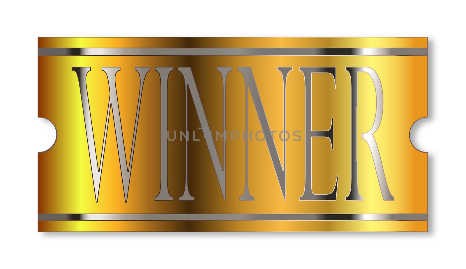 The winning ticket in gold and silver over a white background