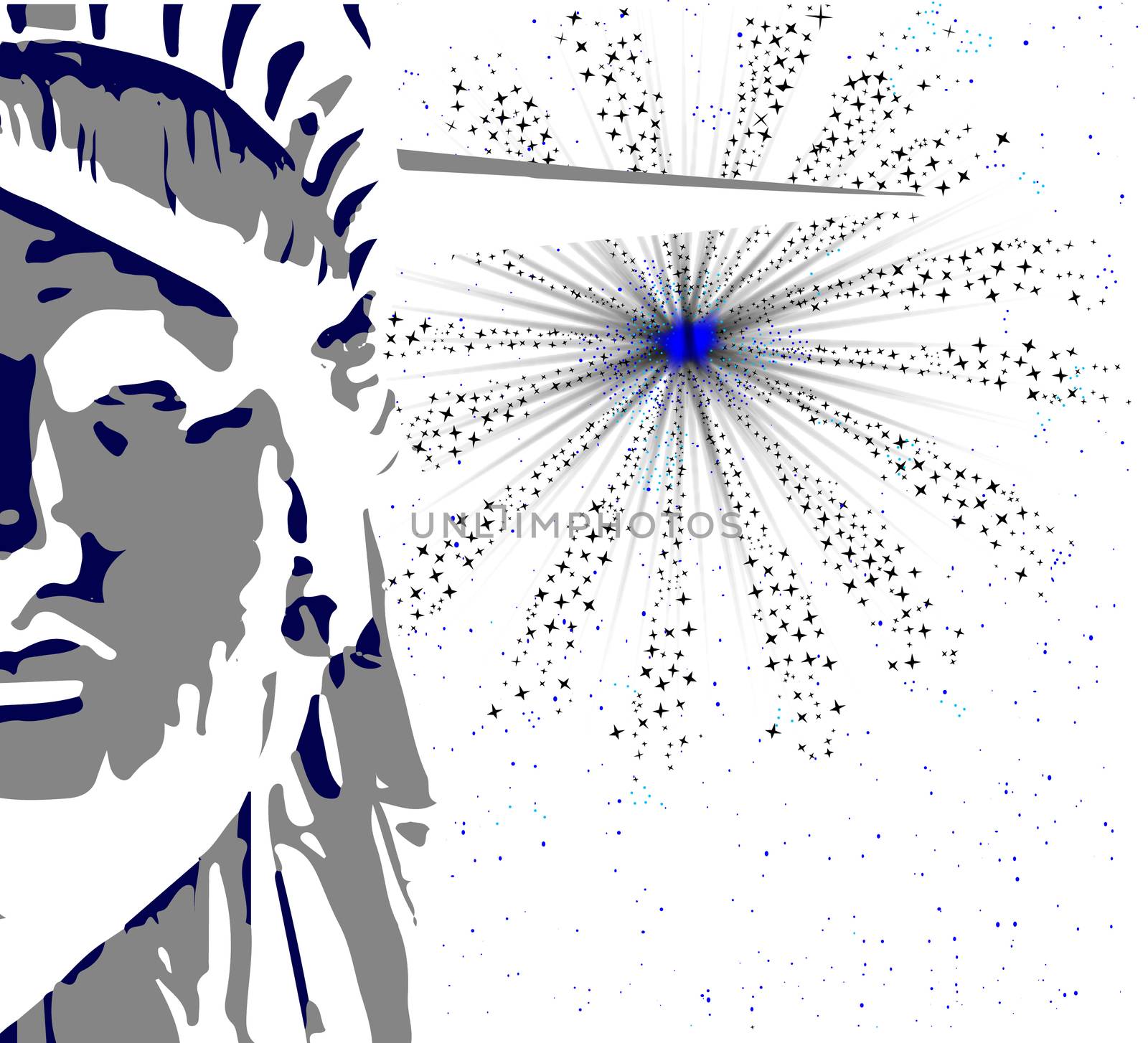 The face of the Statue of Liberty over a sky rocket 4th July background