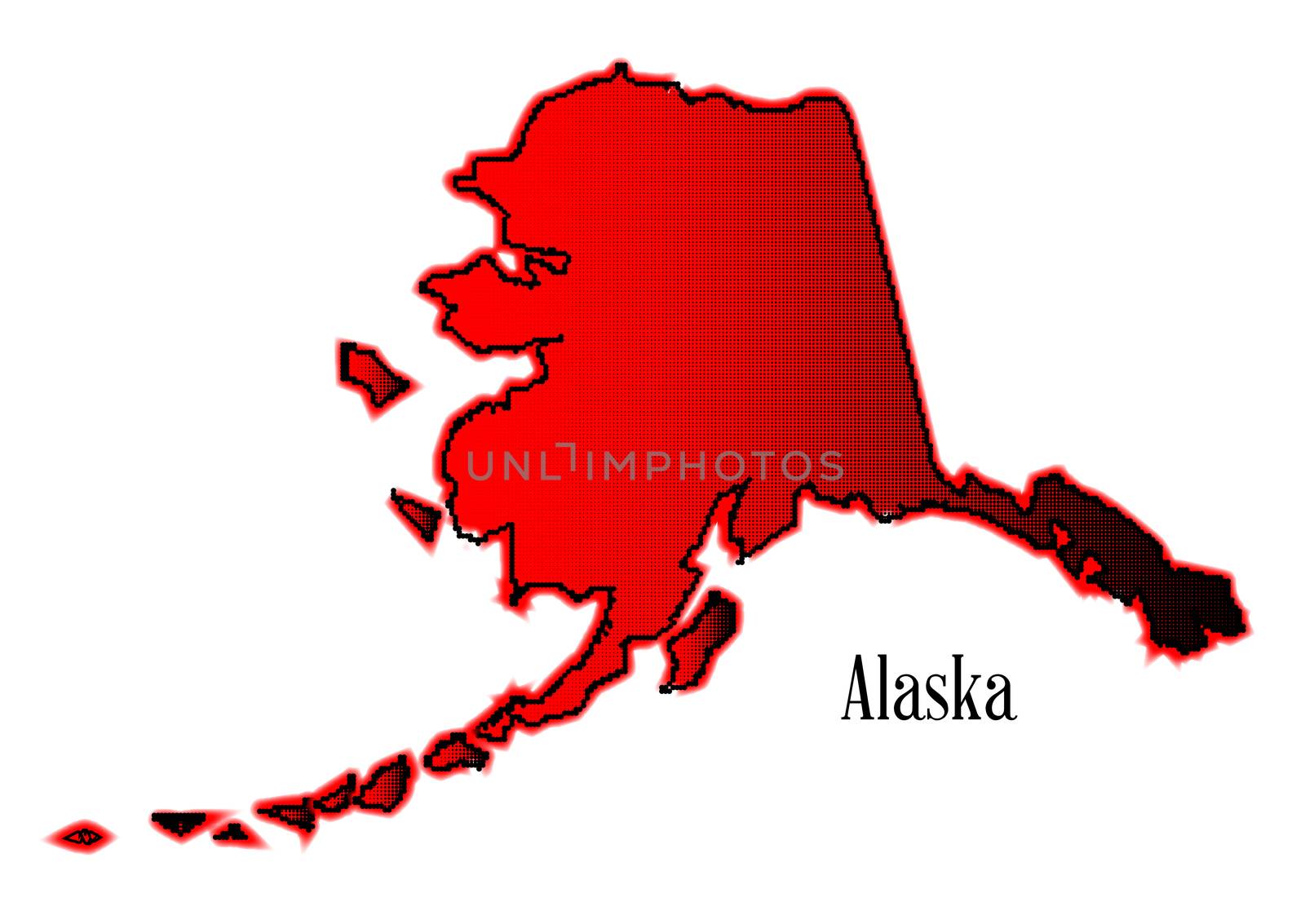 Outline of the state of Alaska in halftone and isolated over a white background