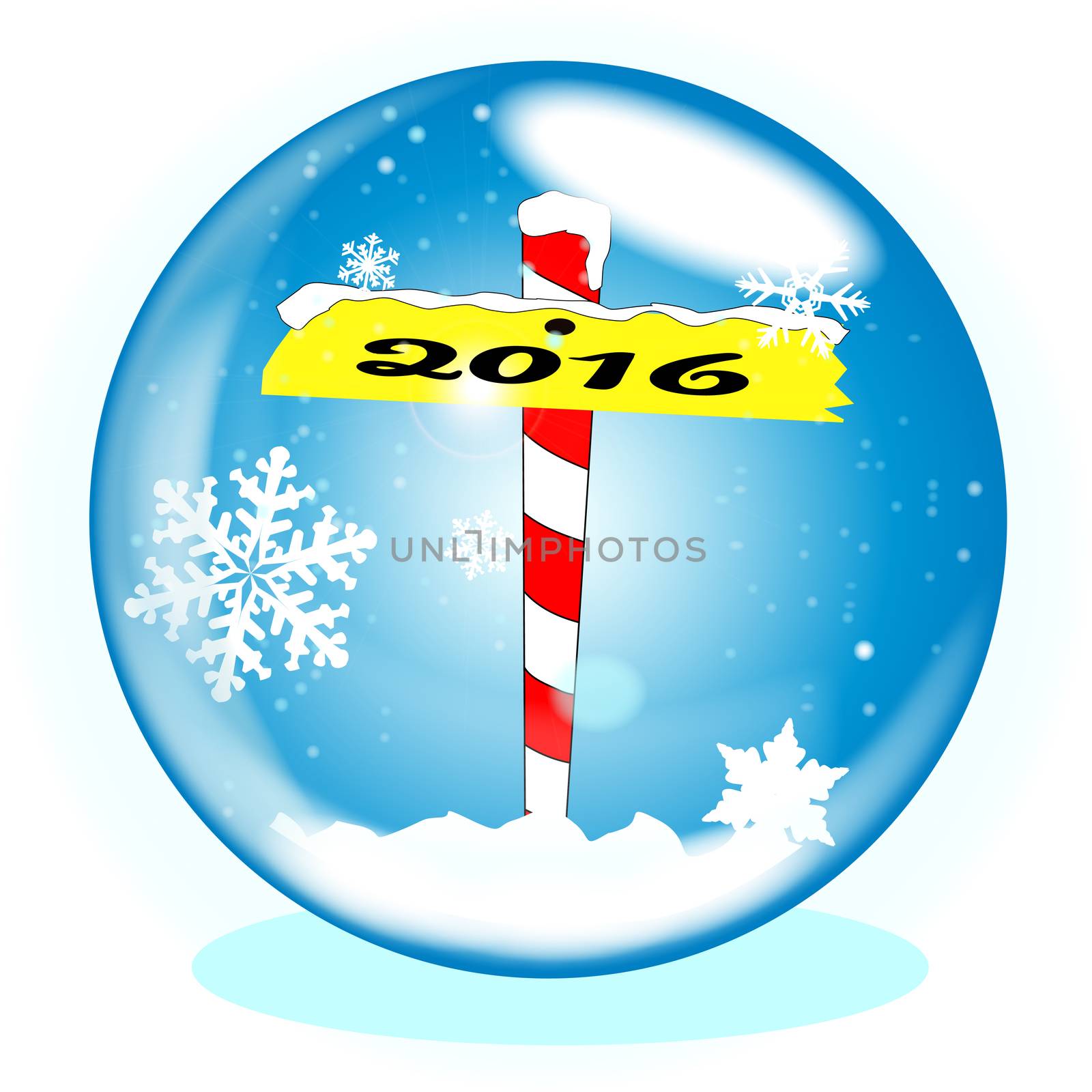 A crystal ball over a winter scene background with a North Pole sign