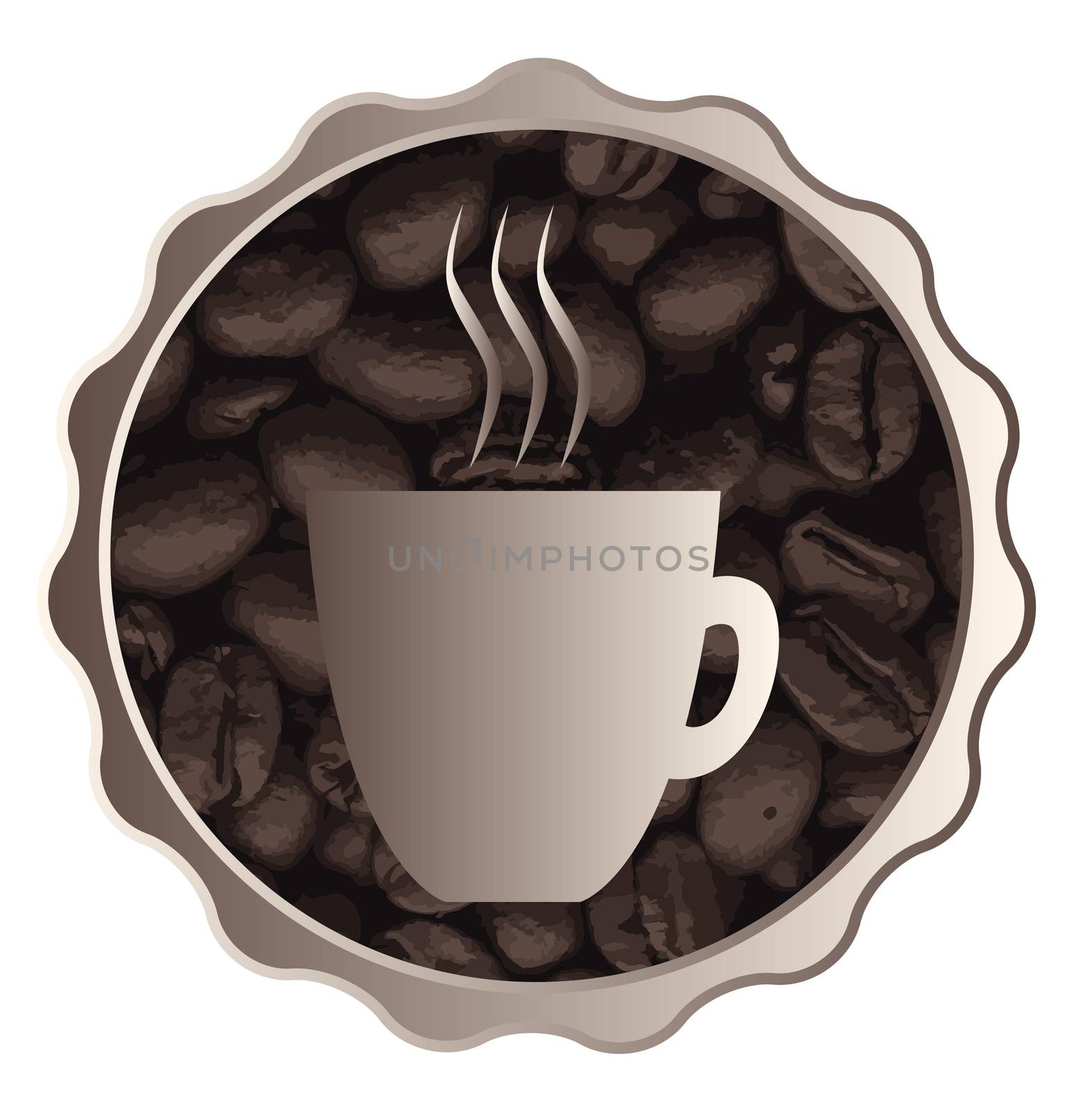 A collection of fresh coffee beans with a graphic design cup image