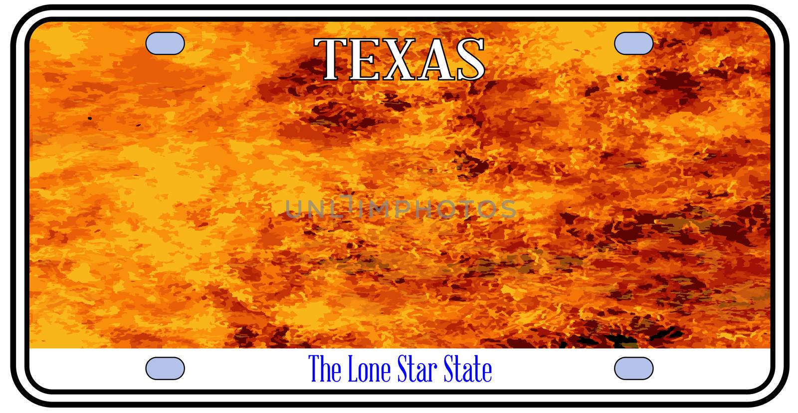 Texas License Plate in flame over a white background