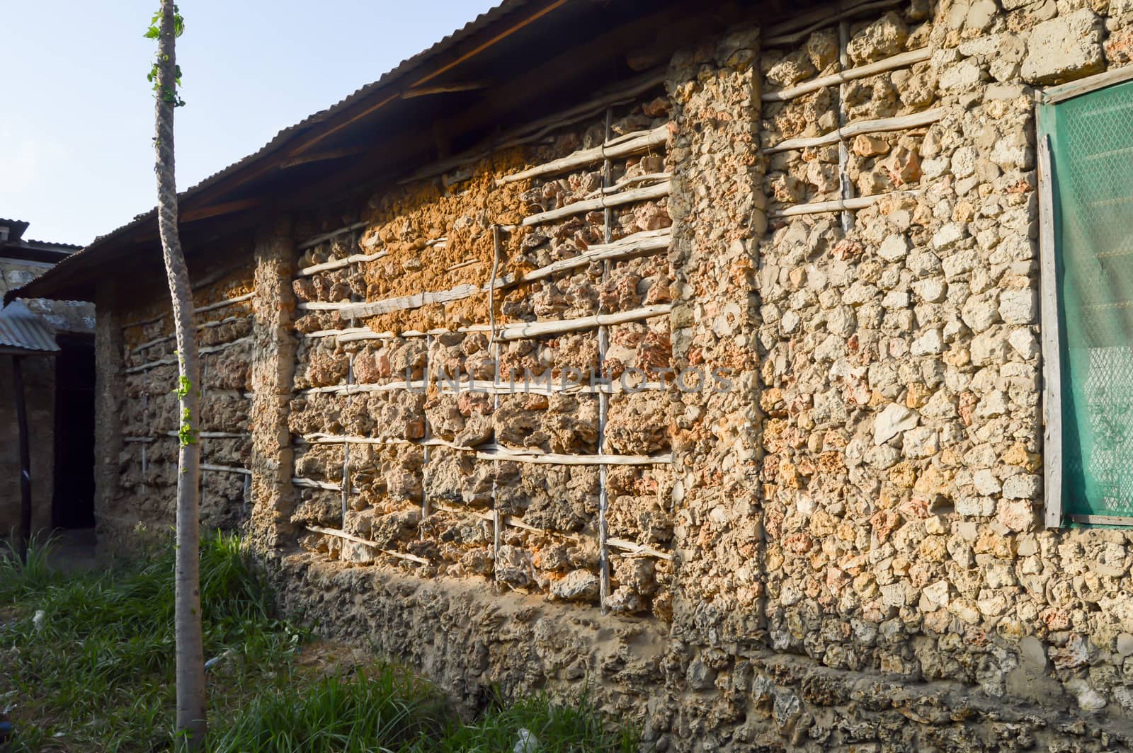 Stone, wood and mud façade in a village in Kenya