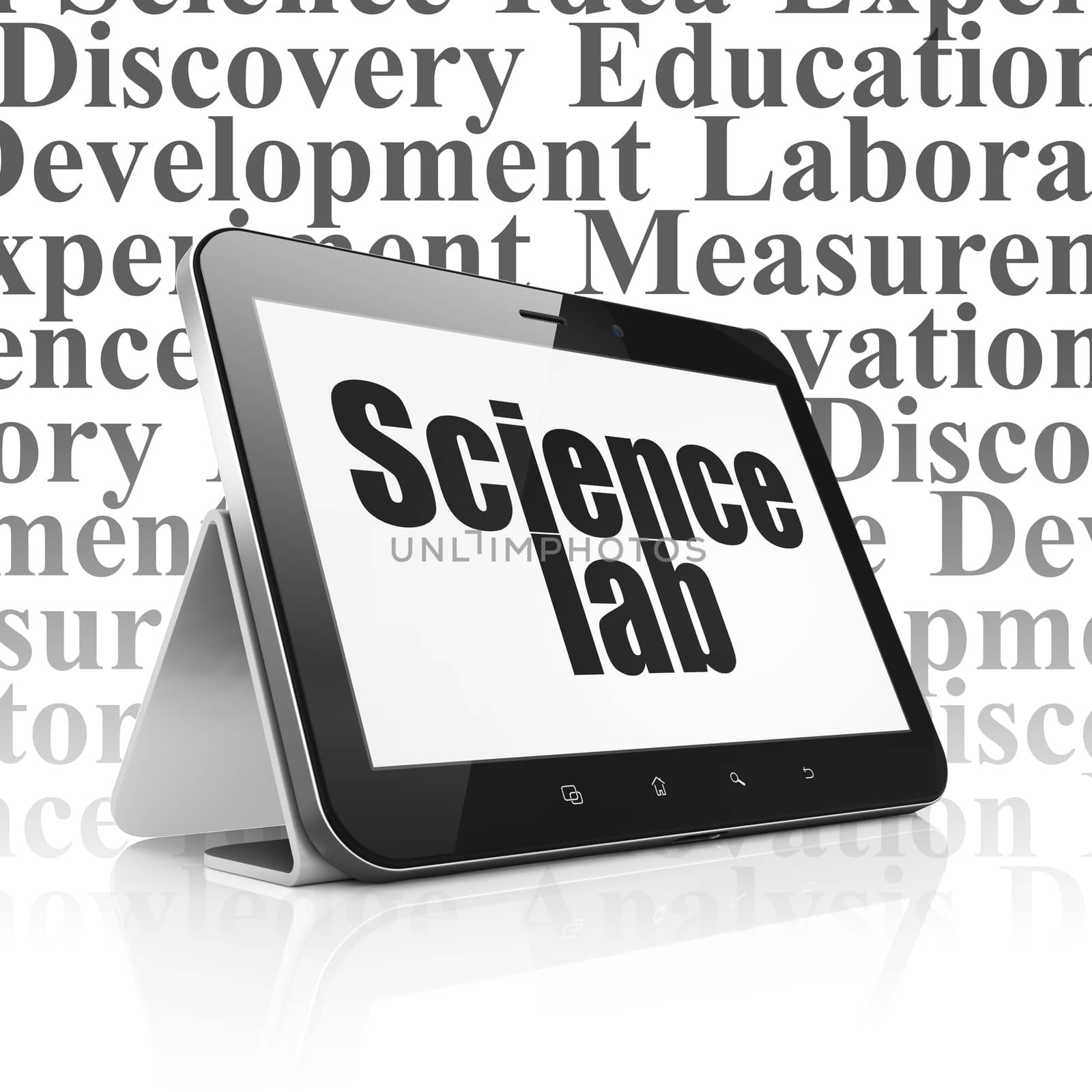 Science concept: Tablet Computer with  black text Science Lab on display,  Tag Cloud background, 3D rendering