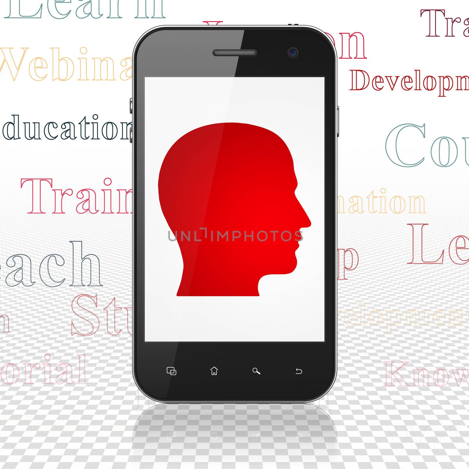 Learning concept: Smartphone with  red Head icon on display,  Tag Cloud background, 3D rendering