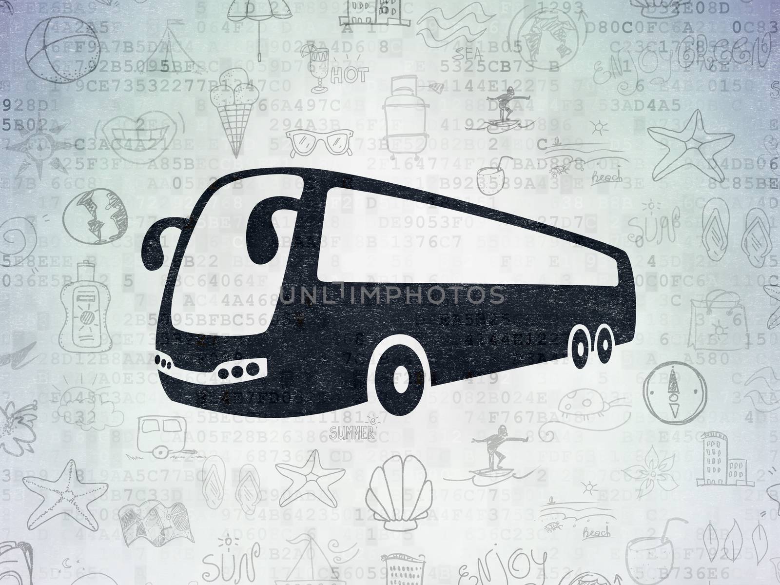 Tourism concept: Painted black Bus icon on Digital Data Paper background with  Hand Drawn Vacation Icons