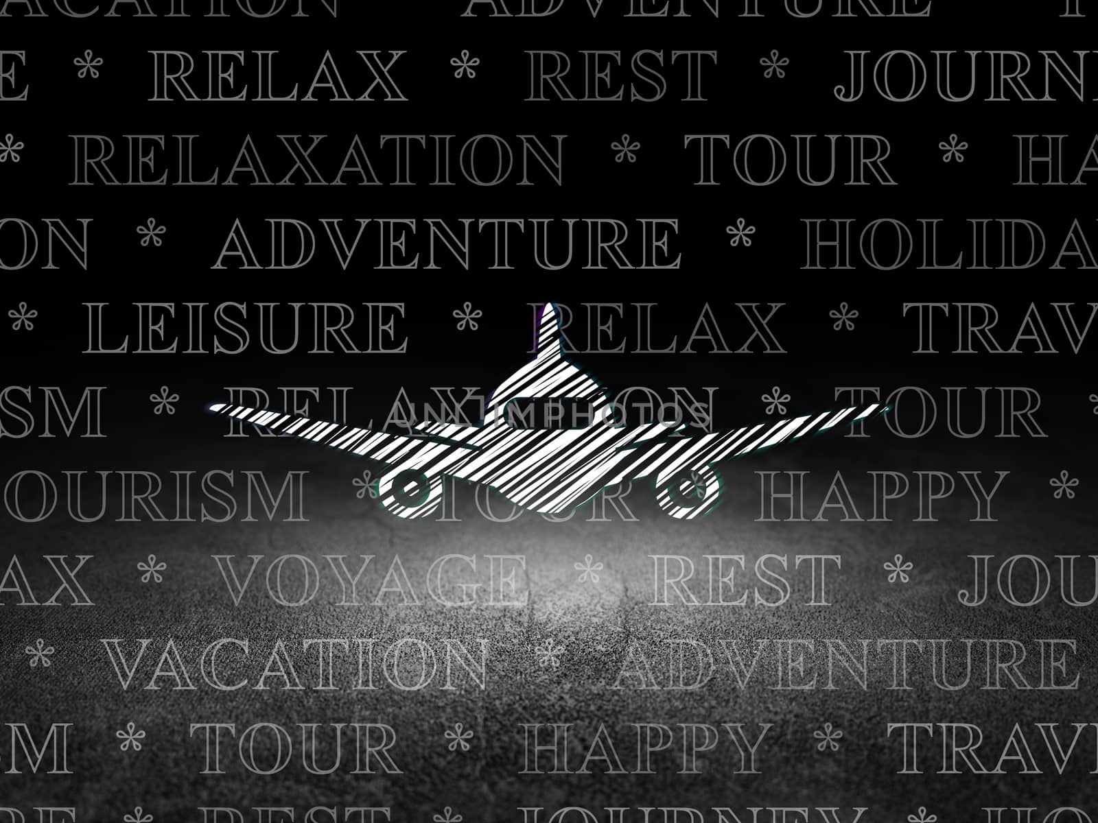 Travel concept: Glowing Aircraft icon in grunge dark room with Dirty Floor, black background with  Tag Cloud