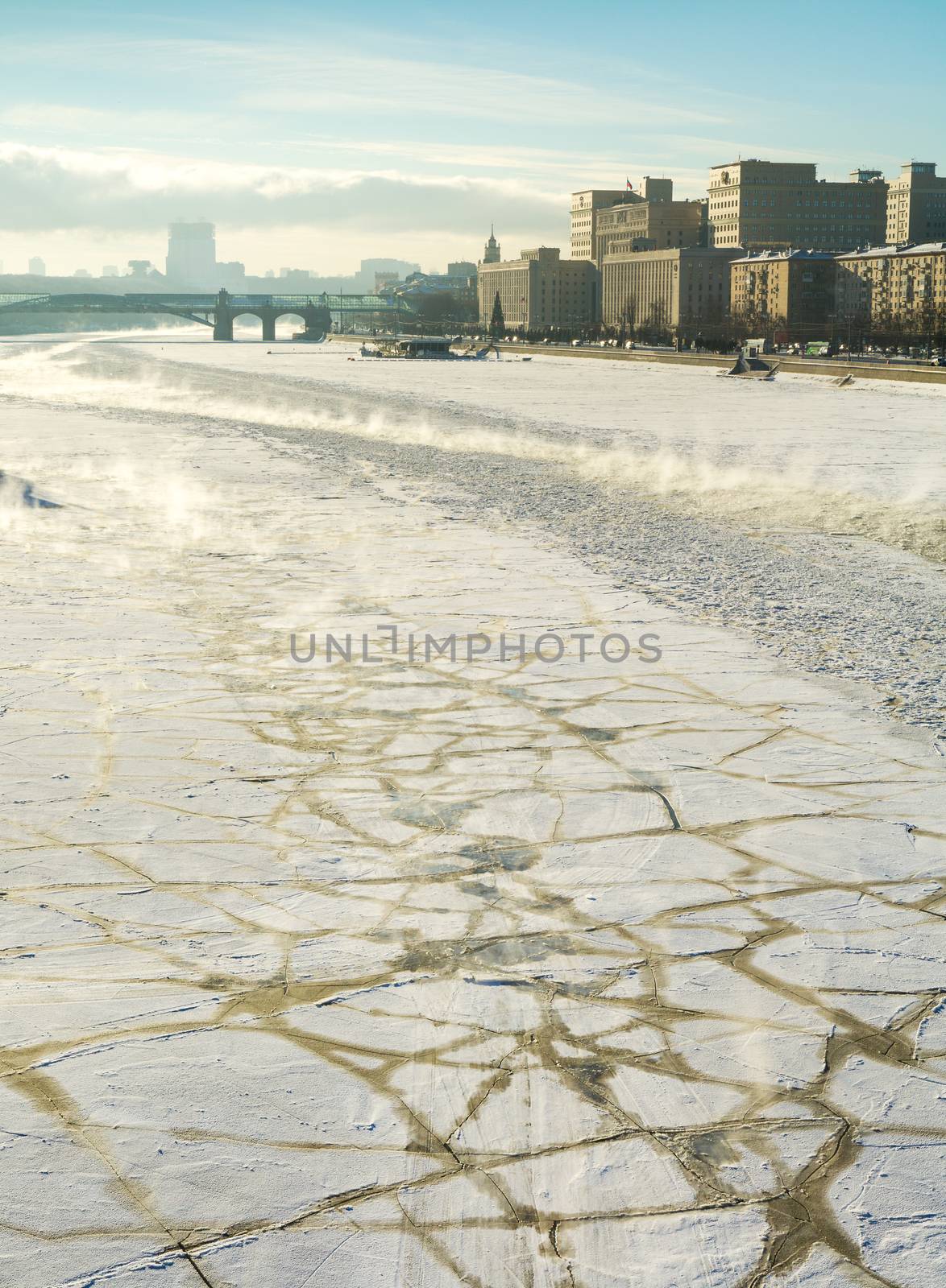 Frozen Moscow River, Embankment, Ministry of Defence, sunny wint by straannick