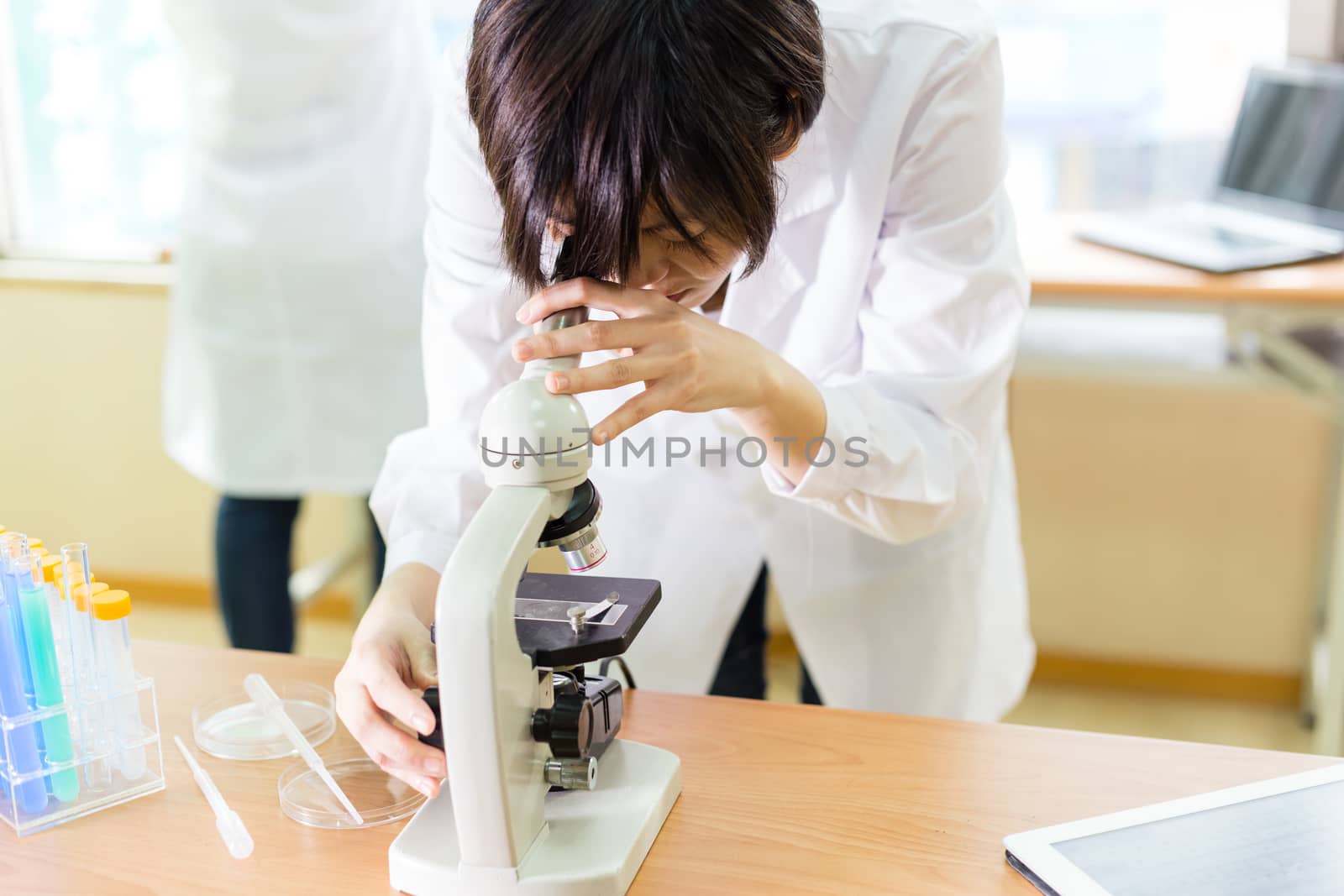 Asian female scientist looking into microscope by imagesbykenny