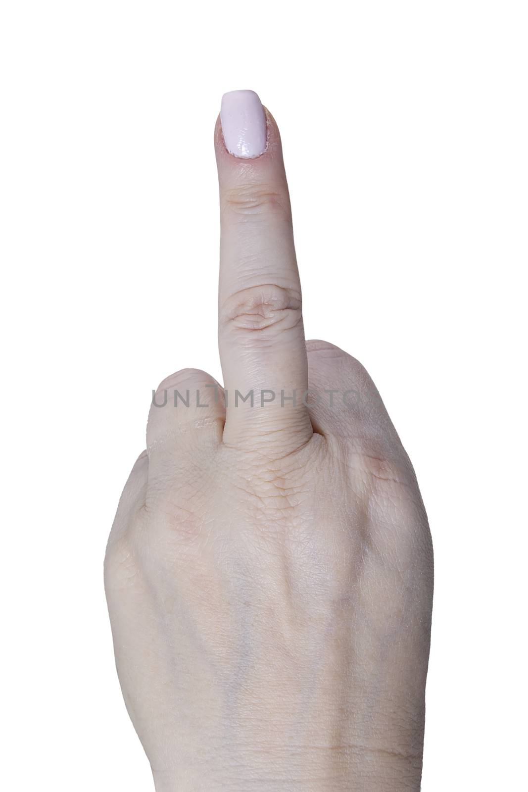 Woman hand showing middle finger on a white isolated background