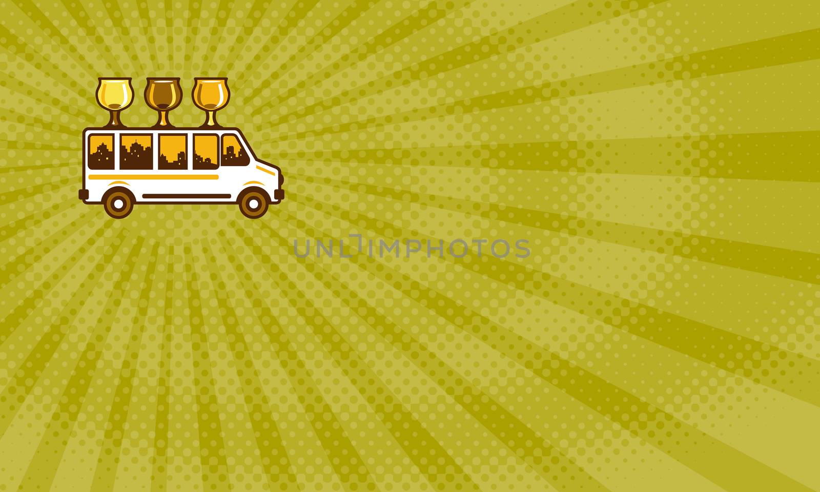 Business card showing Illustration of  beer flight glass each holding a different beer type on top of van viewed from the side set on isolated white background done in retro style. 



