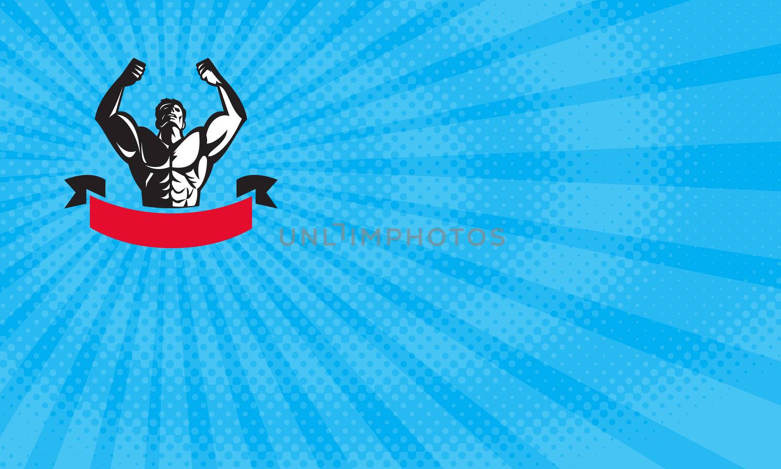Business card showing Illustration of a male body builder flexing muscles looking up viewed from front with banner done in retro style. 



