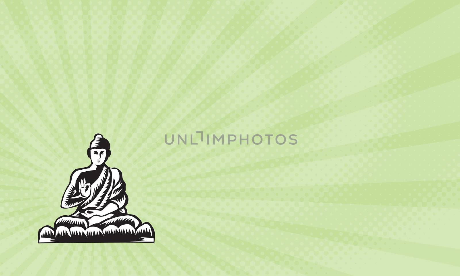 Business card showing Illustration of a Gautama Buddha, Siddhartha Gautama, Shakyamuni Buddha in lotus position viewed from front set on isolated white background done in retro woodcut style. 



