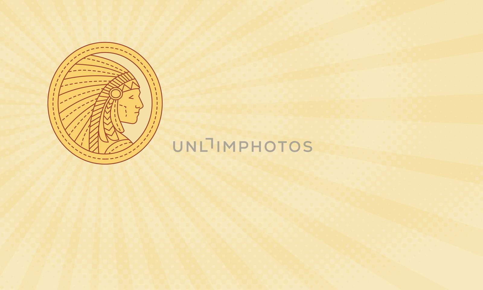 Business card showing Mono line style illustration of a native american indian chief wearing feather headdress viewed from the side set inside circle. 



