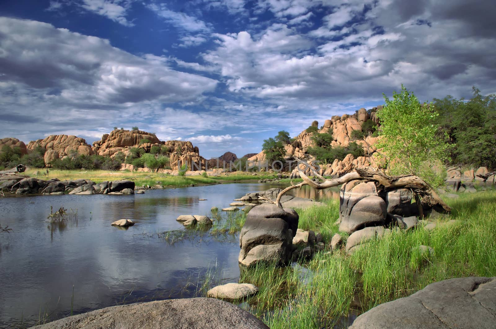 A view from the shore of Watson Lake with blue cloud filled sky and green trees with rock cliffs in Prescott, Arizona.