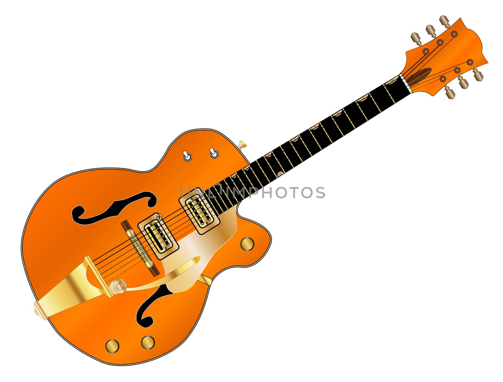 A typical country and western guitar in orange over a white background