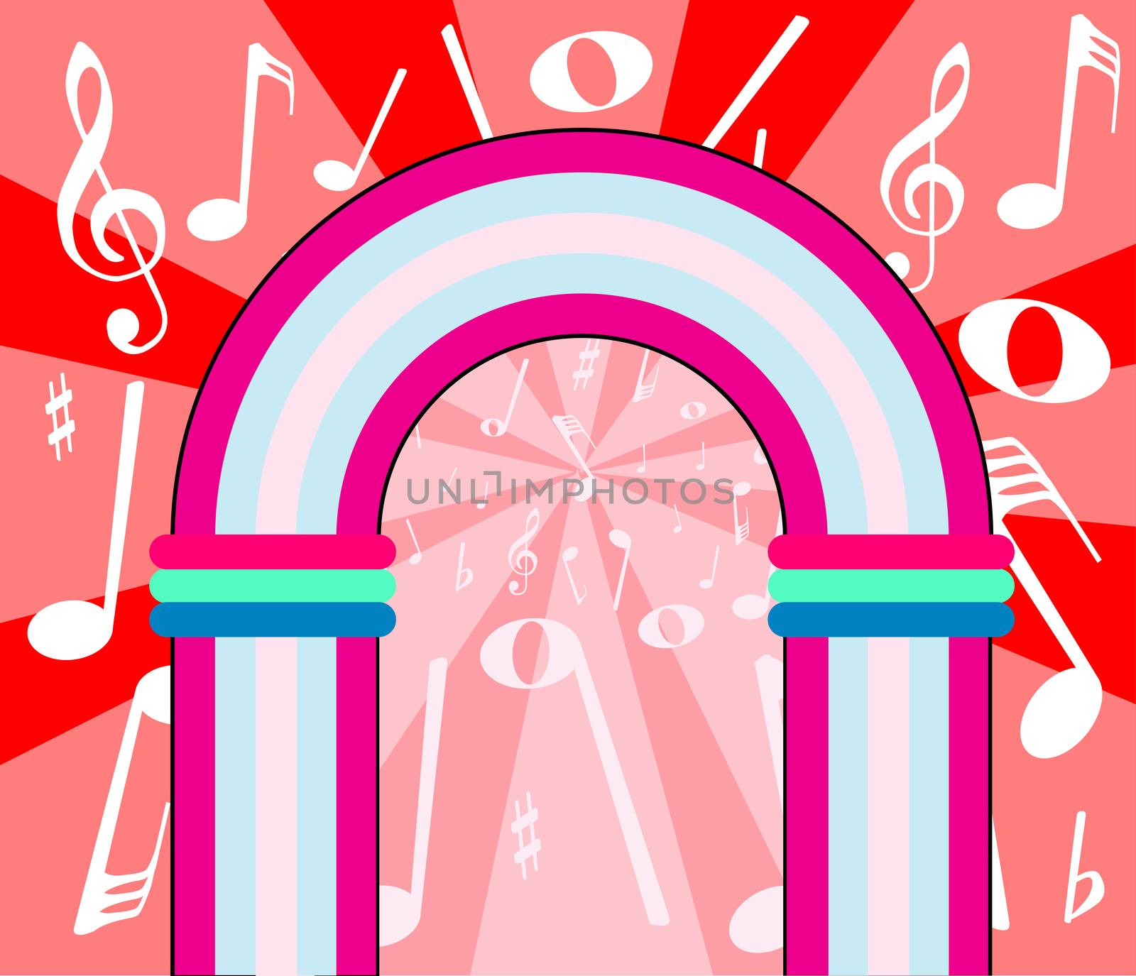 A jukebox depiction with music notation as a background