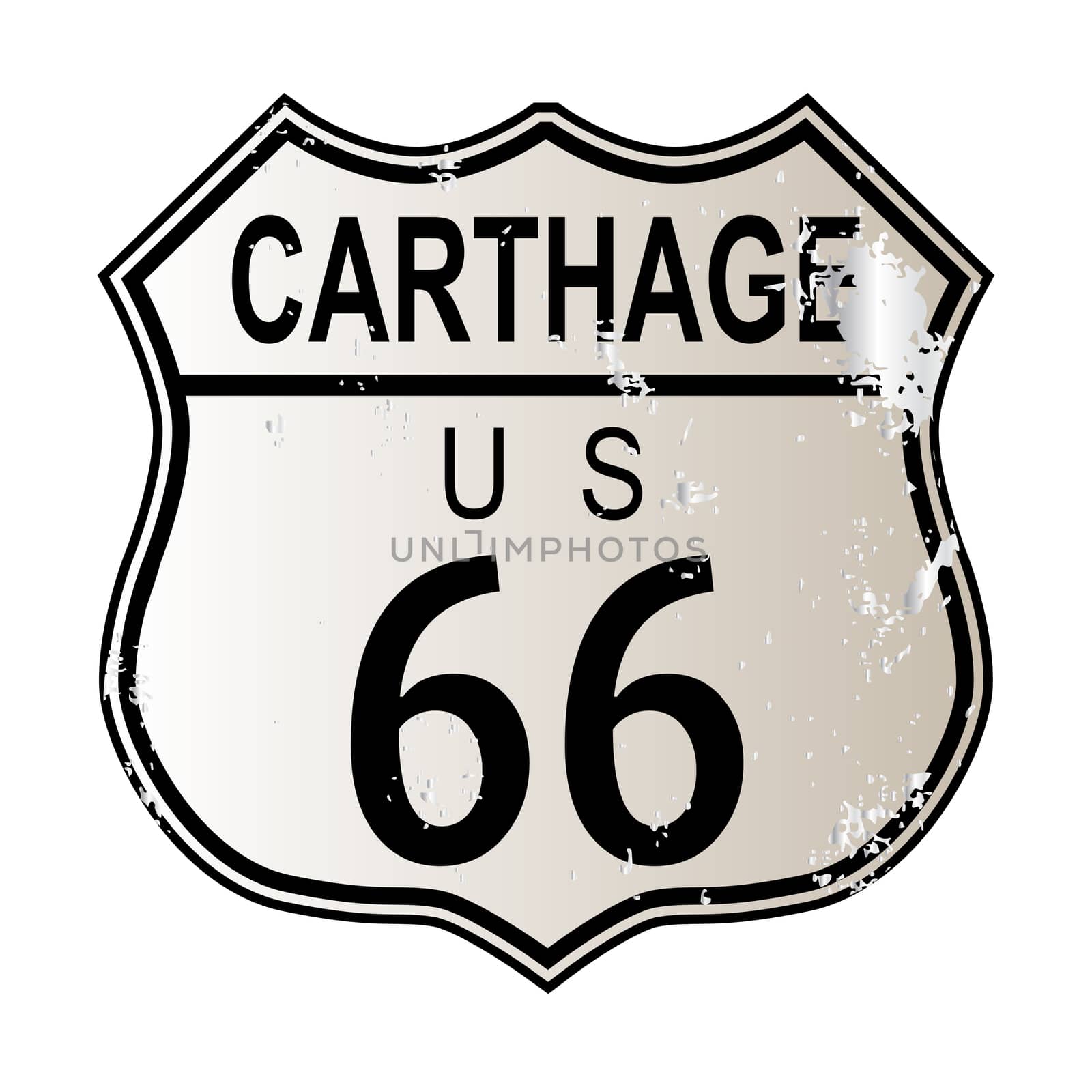 Carthage Route 66 traffic sign over a white background and the legend ROUTE US 66