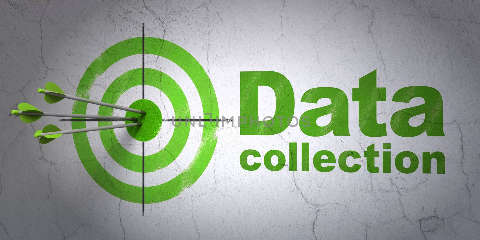 Success Data concept: arrows hitting the center of target, Green Data Collection on wall background, 3D rendering