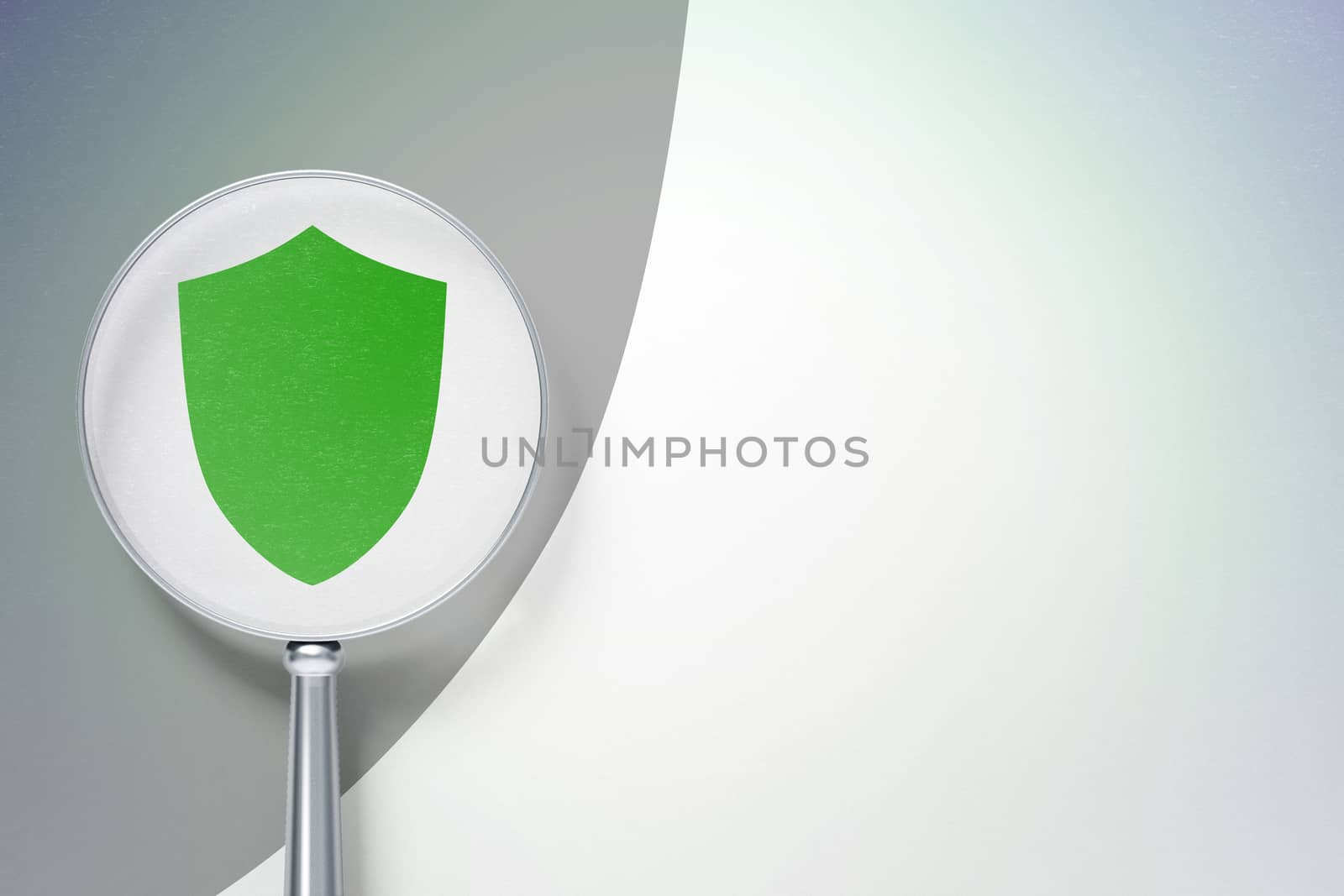 Safety concept: magnifying optical glass with Shield icon on digital background, empty copyspace for card, text, advertising, 3D rendering