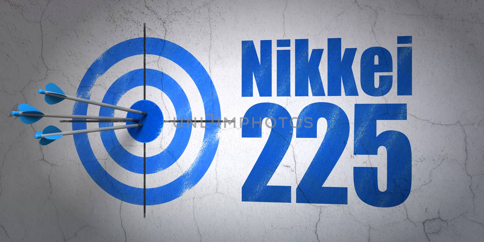 Success Stock market indexes concept: arrows hitting the center of target, Blue Nikkei 225 on wall background, 3D rendering