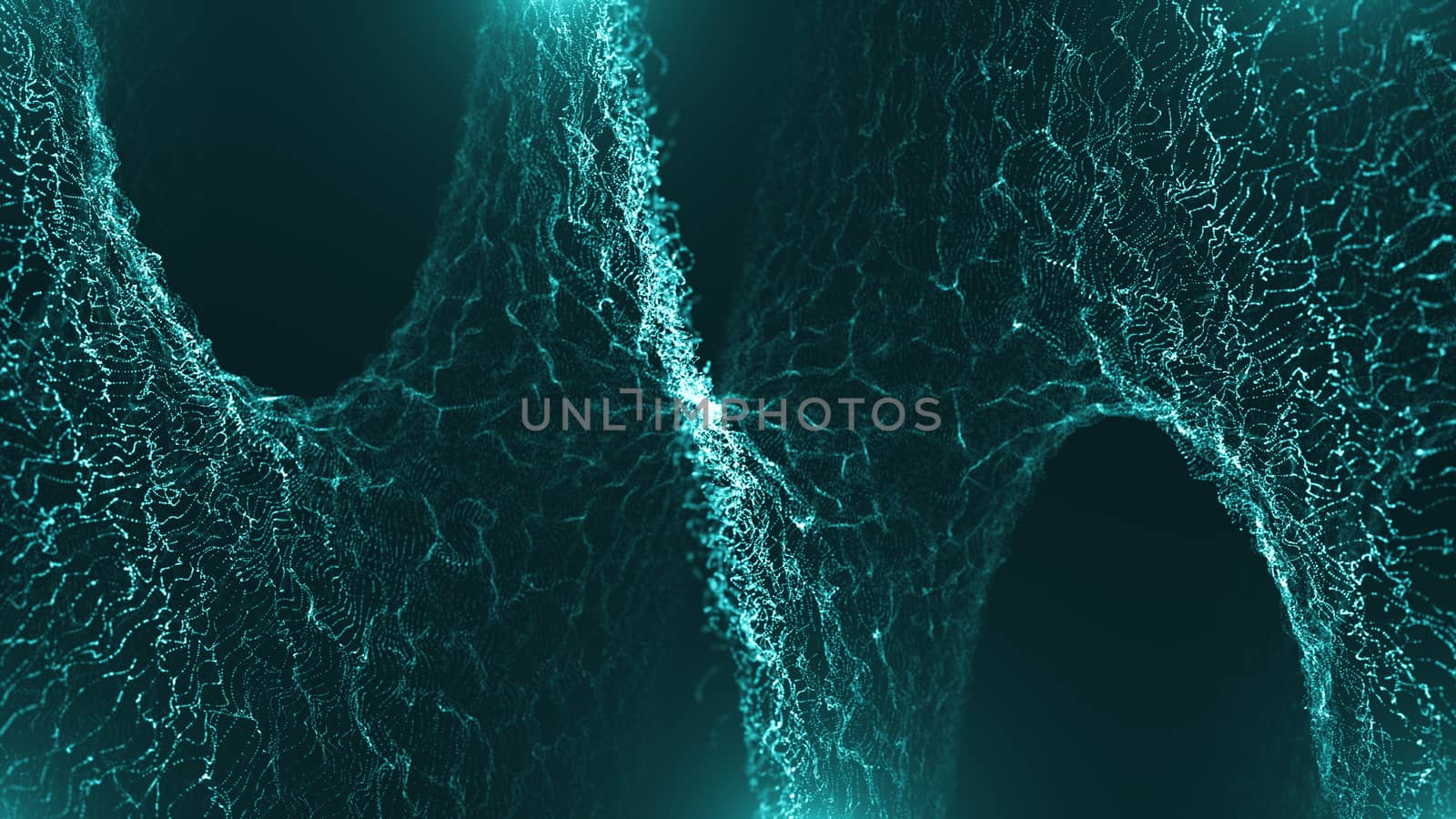 Digital particles floating waveform in the abyss abstract cyber technology. Twisted particles backdrop with depth of field. 3d rendering