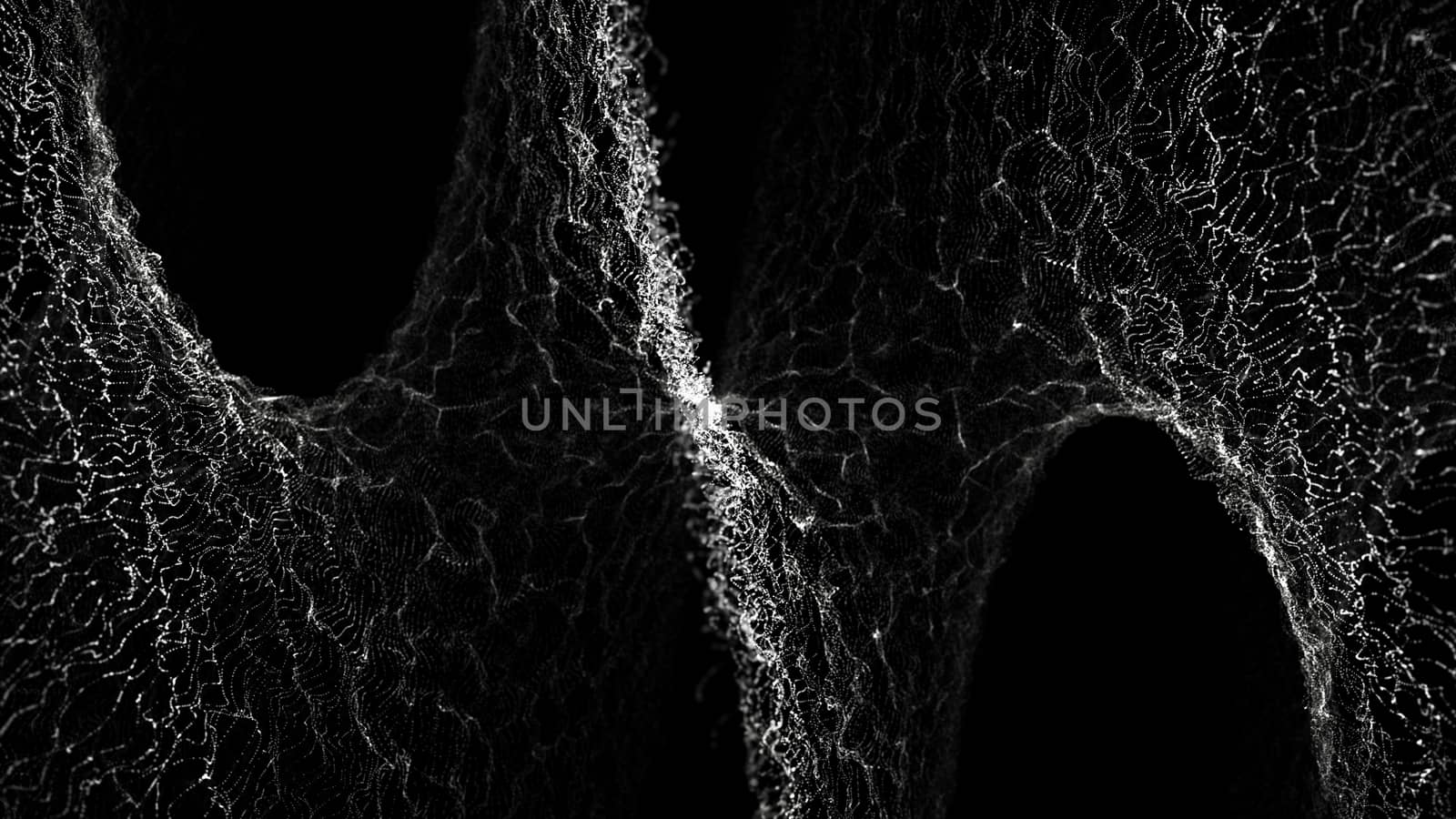 Digital particles floating waveform in the abyss abstract cyber technology. Twisted particles backdrop with depth of field. 3d rendering
