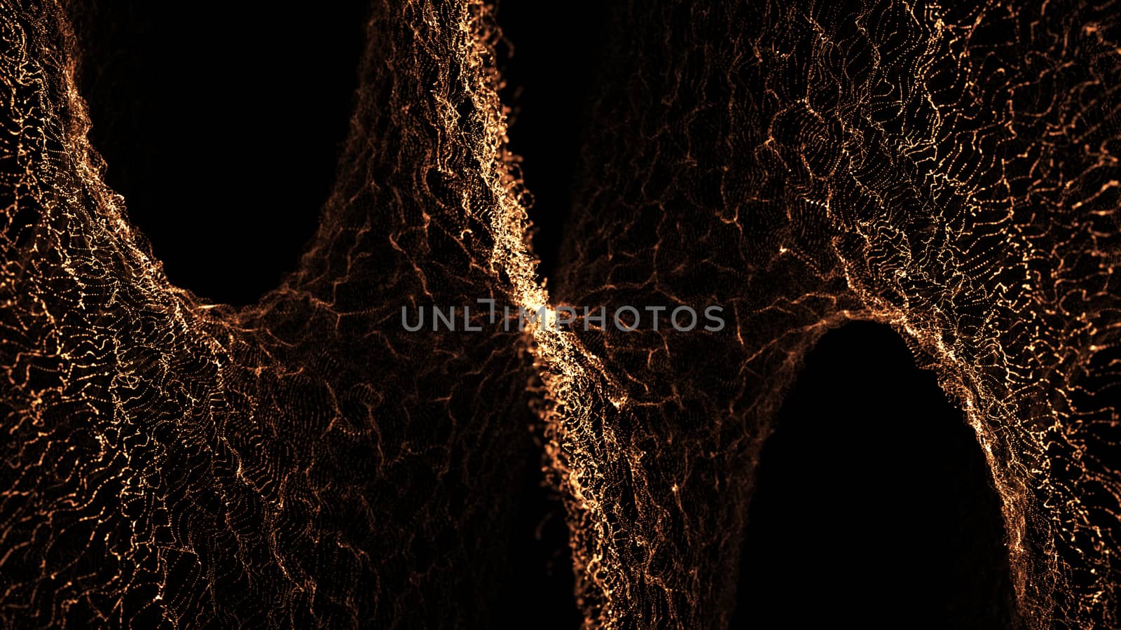 Digital particles floating waveform in the abyss abstract cyber technology. Twisted particles backdrop with depth of field. 3d rendering