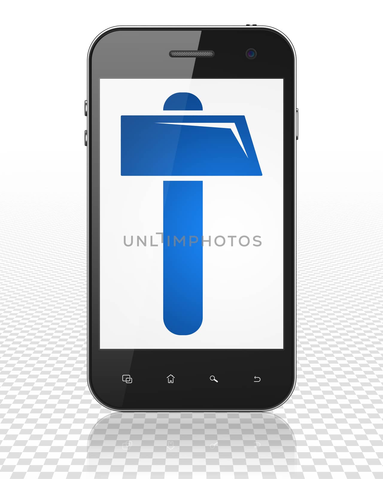Building construction concept: Smartphone with blue Hammer icon on display, 3D rendering