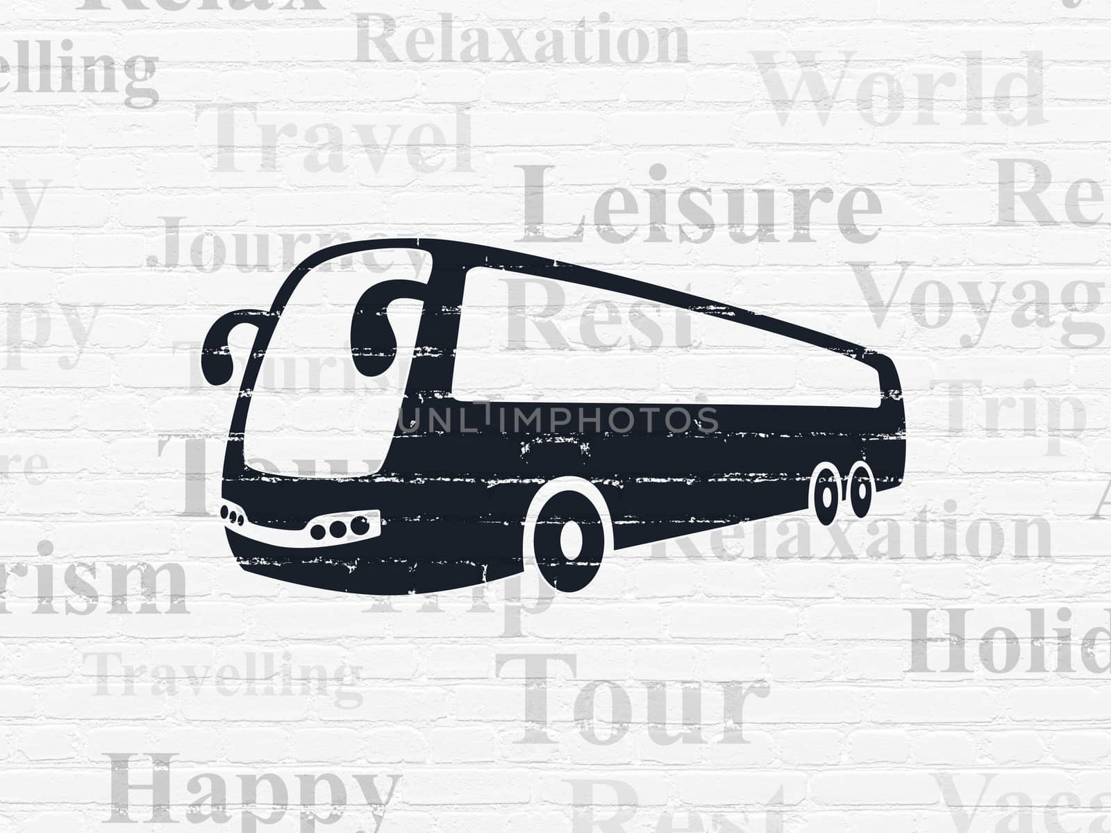 Vacation concept: Painted black Bus icon on White Brick wall background with  Tag Cloud