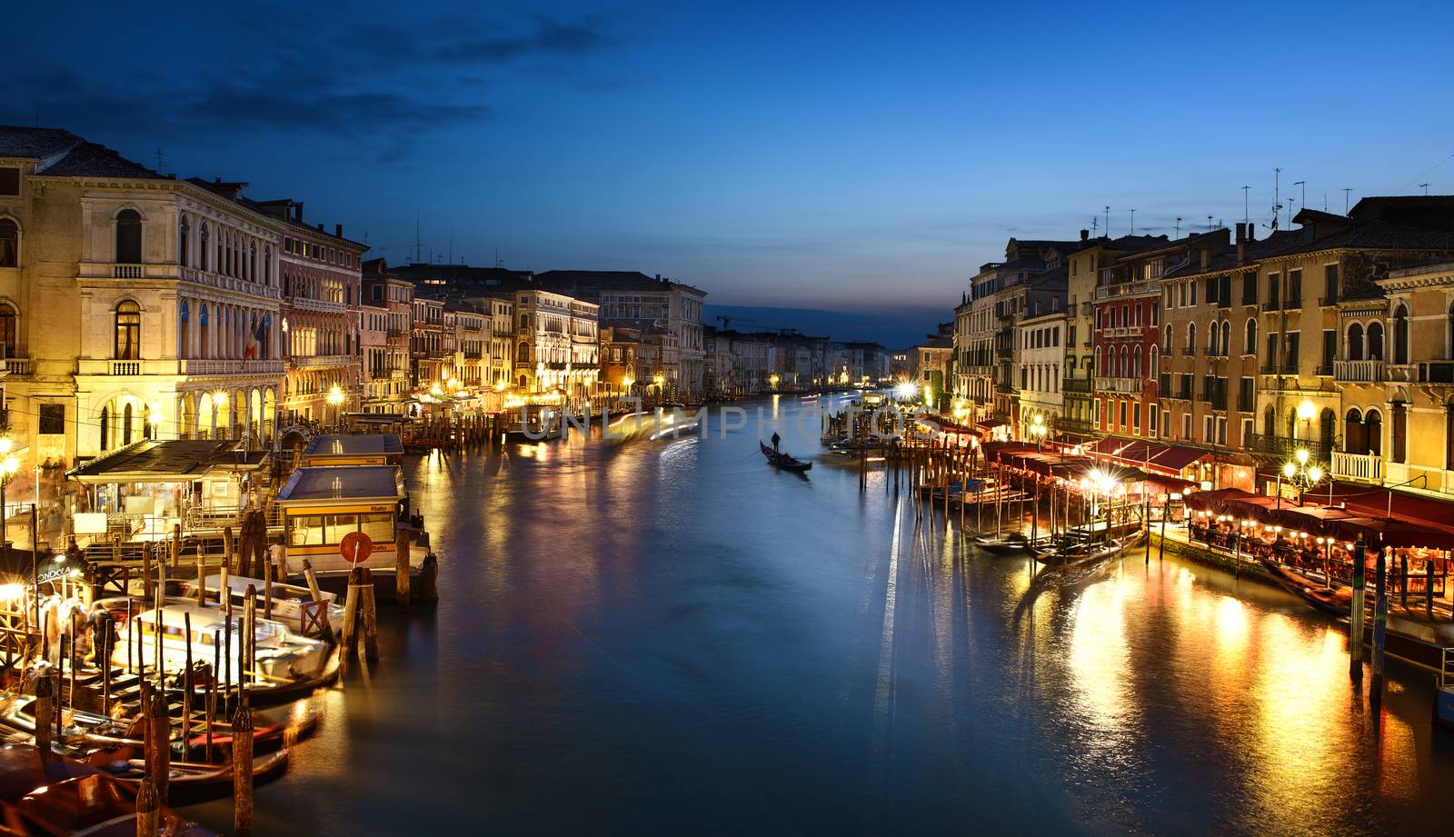 famous grand canale from Rialto Bridge at blue hour, Venice, Italy