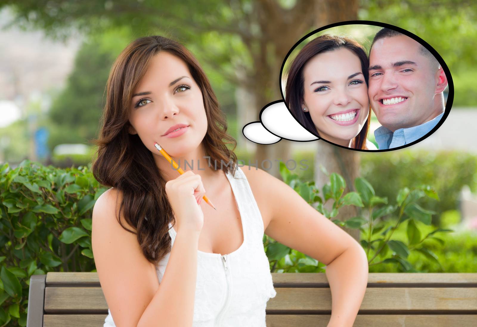 Thoughtful Young Woman with Herself and Handsome Young Man Inside Thought Bubble.