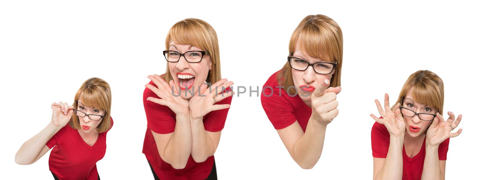 Set of Female Caucasian with Goofy Expressions Isolated on a White Background by Feverpitched