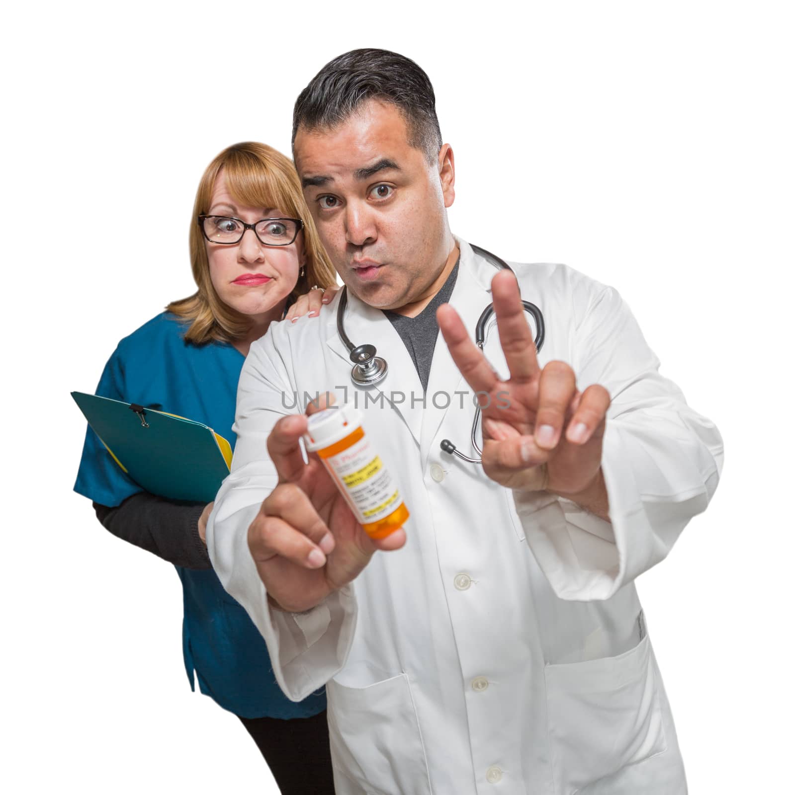 Goofy Doctor and Nurse with Prescription Bottle Isolated on a White Background by Feverpitched