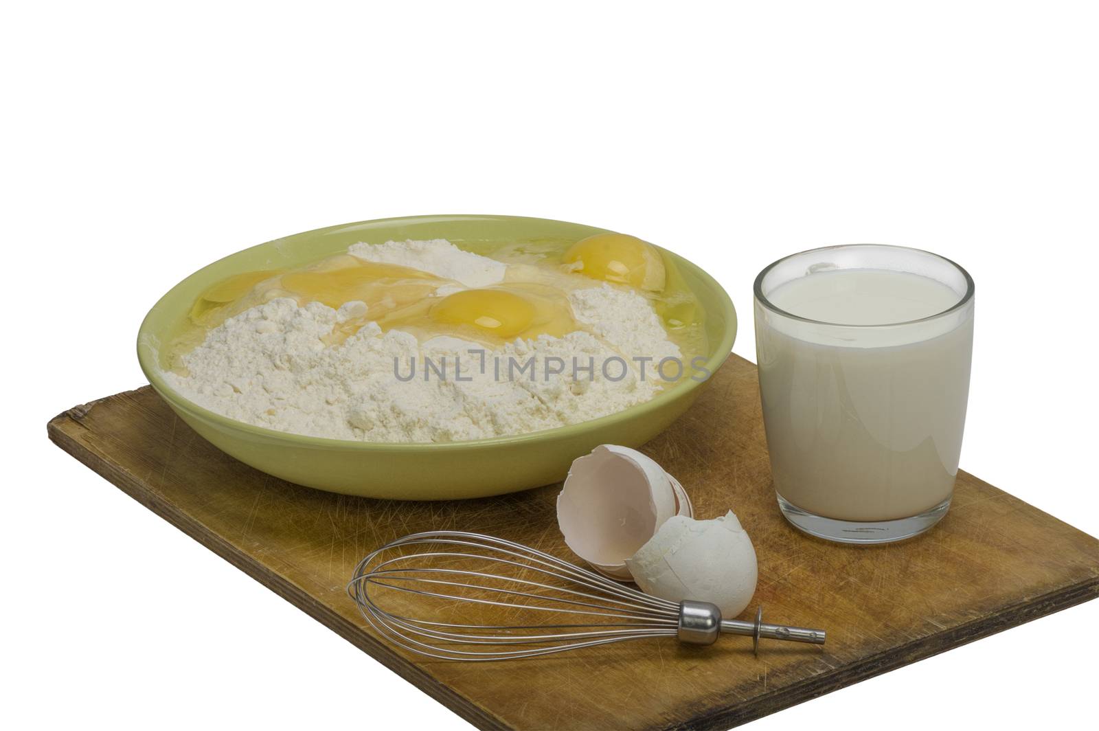 blank pancakes broken egg in wheat flour and whisk for whipping