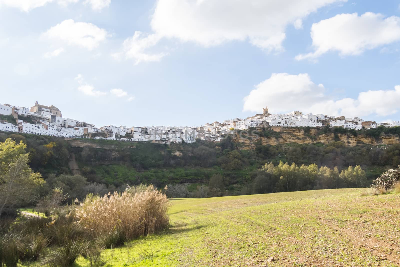Panoramic of Arcos de la Frontera, white town built on a rock along Guadalete river, in the province of Cadiz, Spain