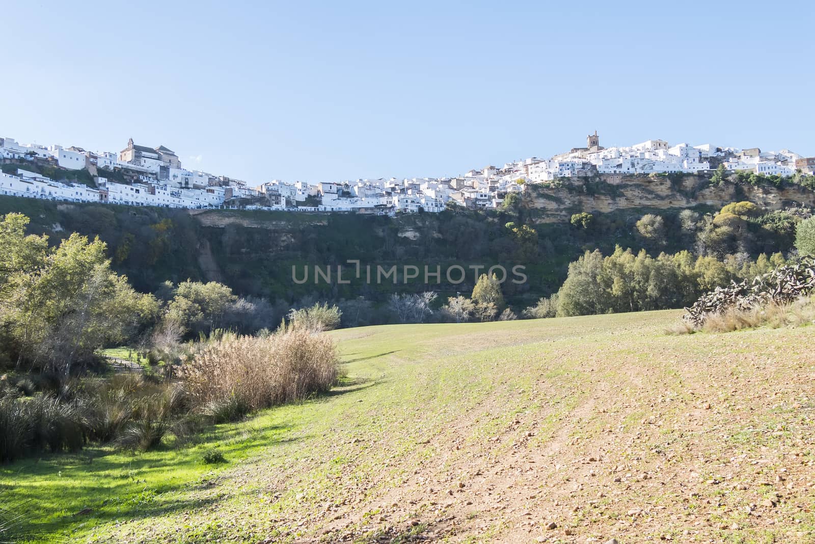 Panoramic of Arcos de la Frontera, white town built on a rock along Guadalete river, in the province of Cadiz, Spain