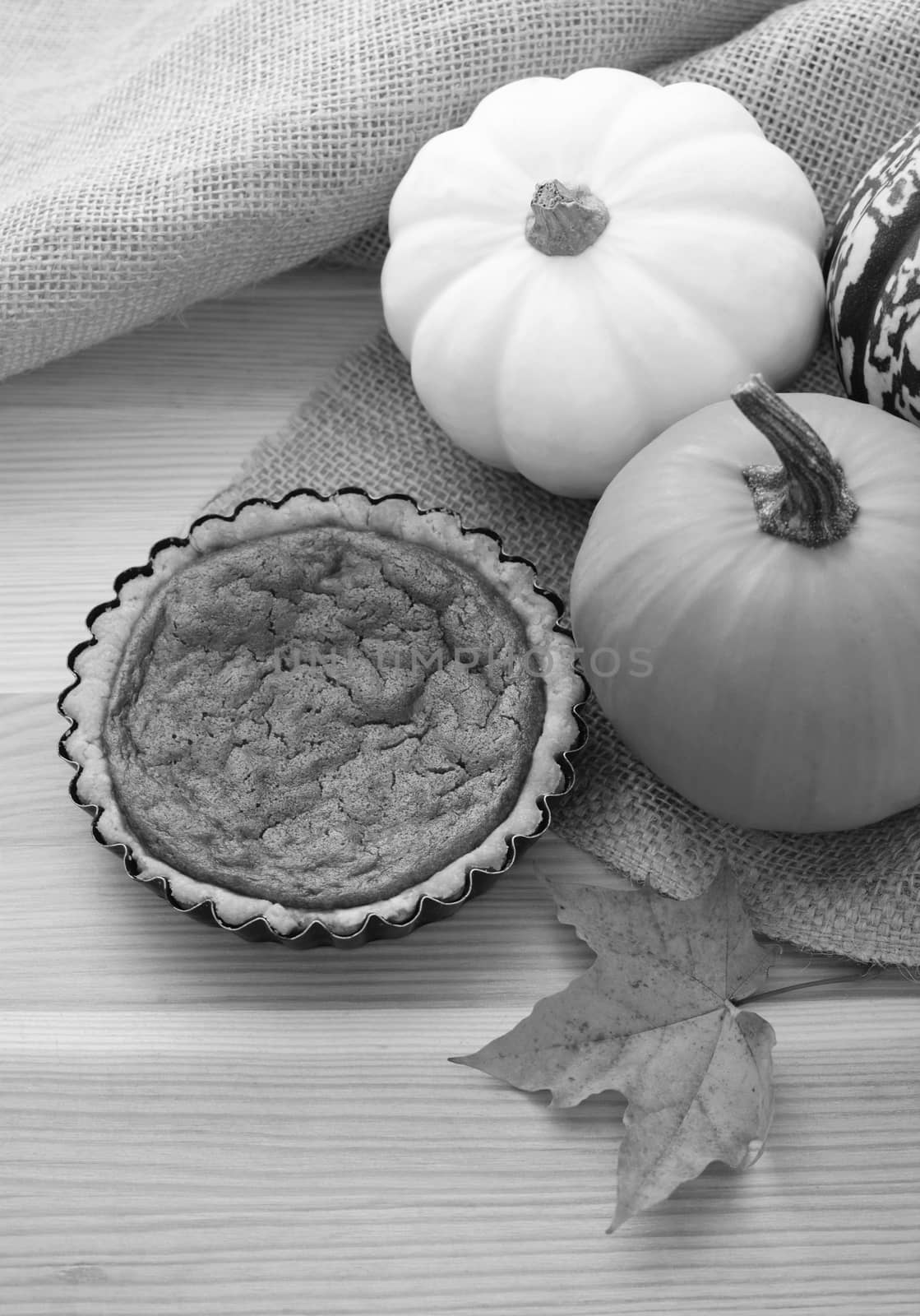 Mini pumpkin pie on a table with autumn gourds and maple leaf