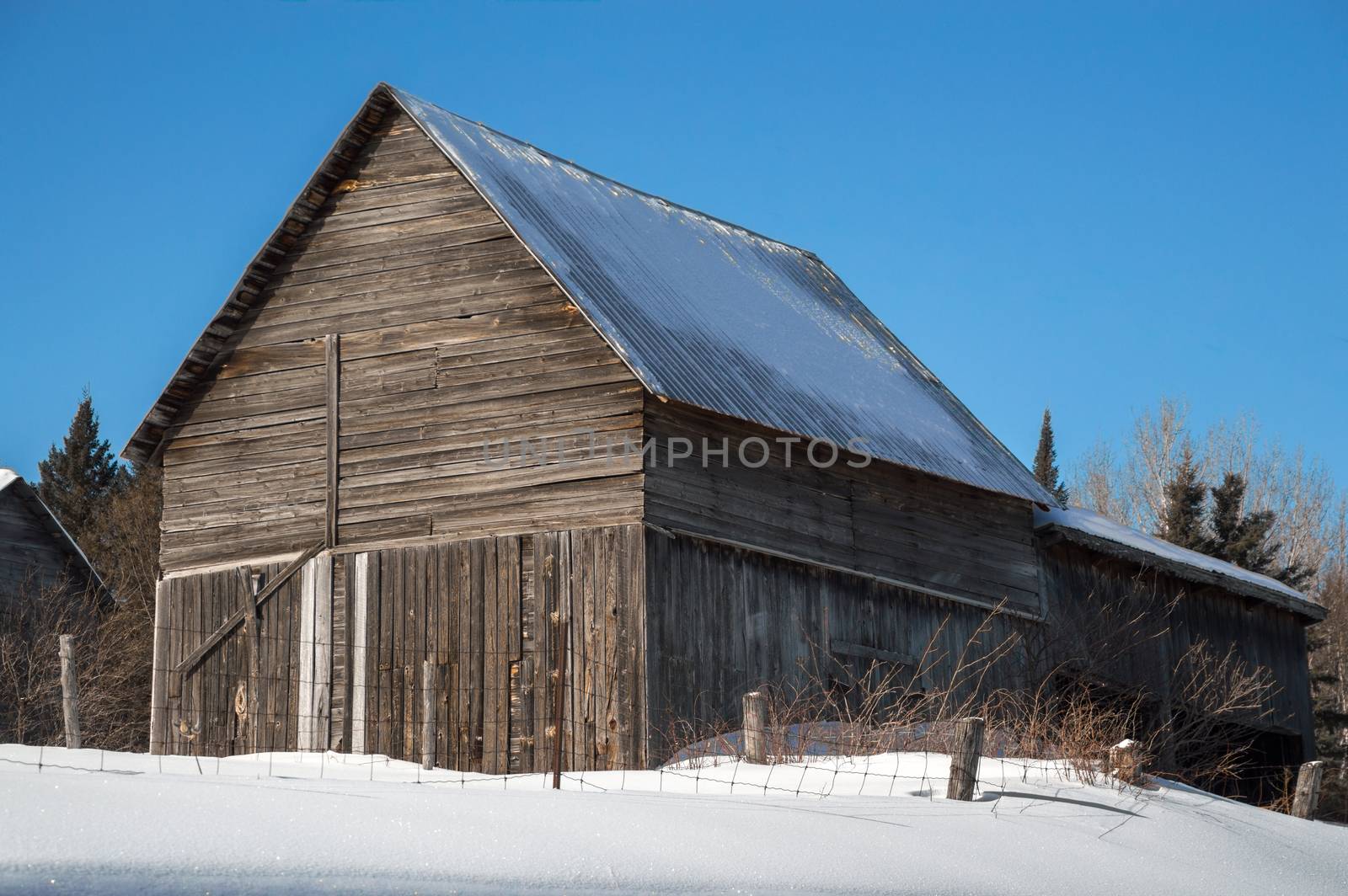 A snow covered barns in the sunshine in Northern Ontario. Blue sky and fresh white snow.