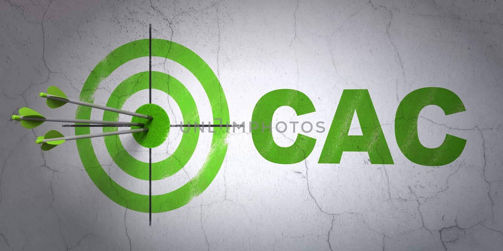 Success Stock market indexes concept: arrows hitting the center of target, Green CAC on wall background, 3D rendering