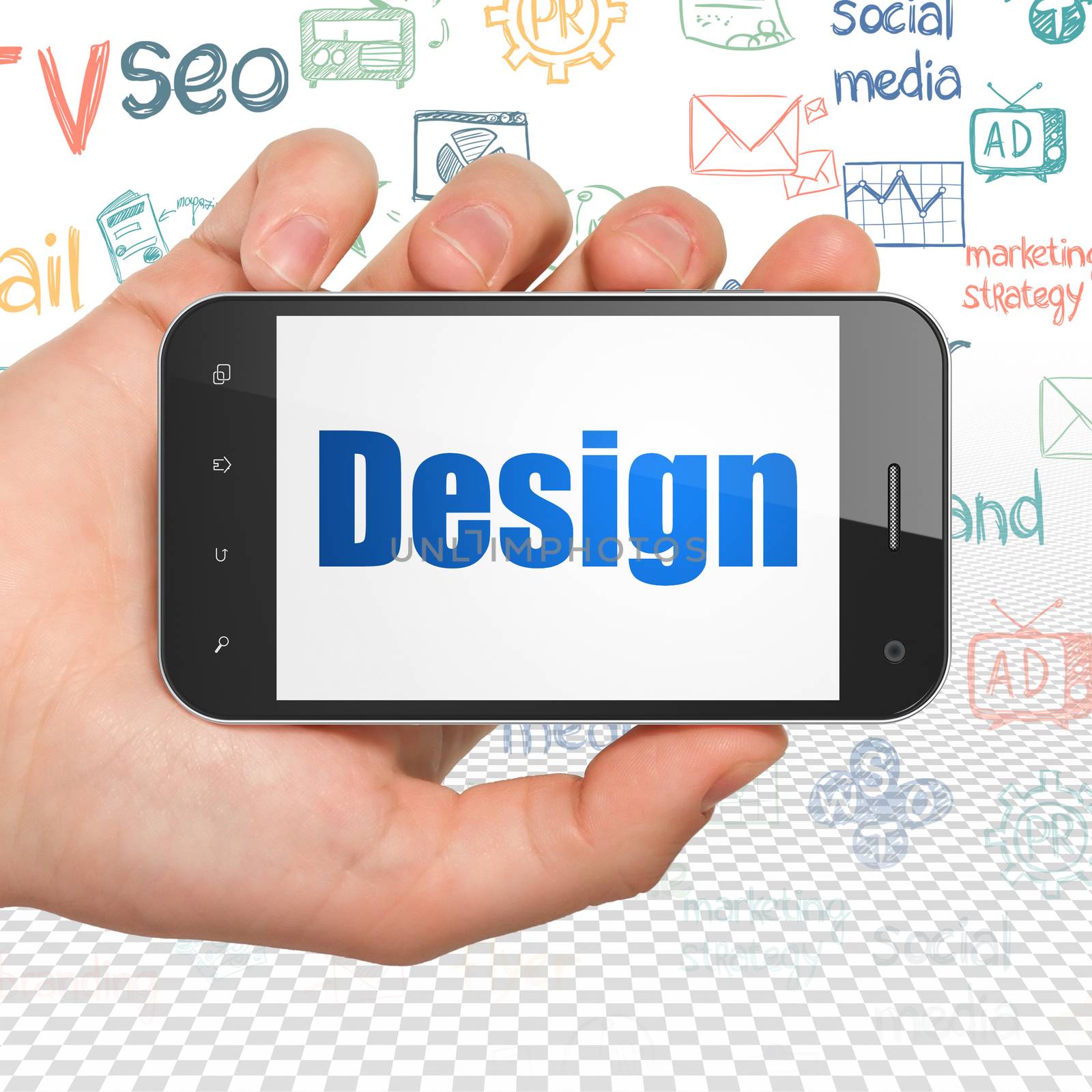 Advertising concept: Hand Holding Smartphone with  blue text Design on display,  Hand Drawn Marketing Icons background, 3D rendering