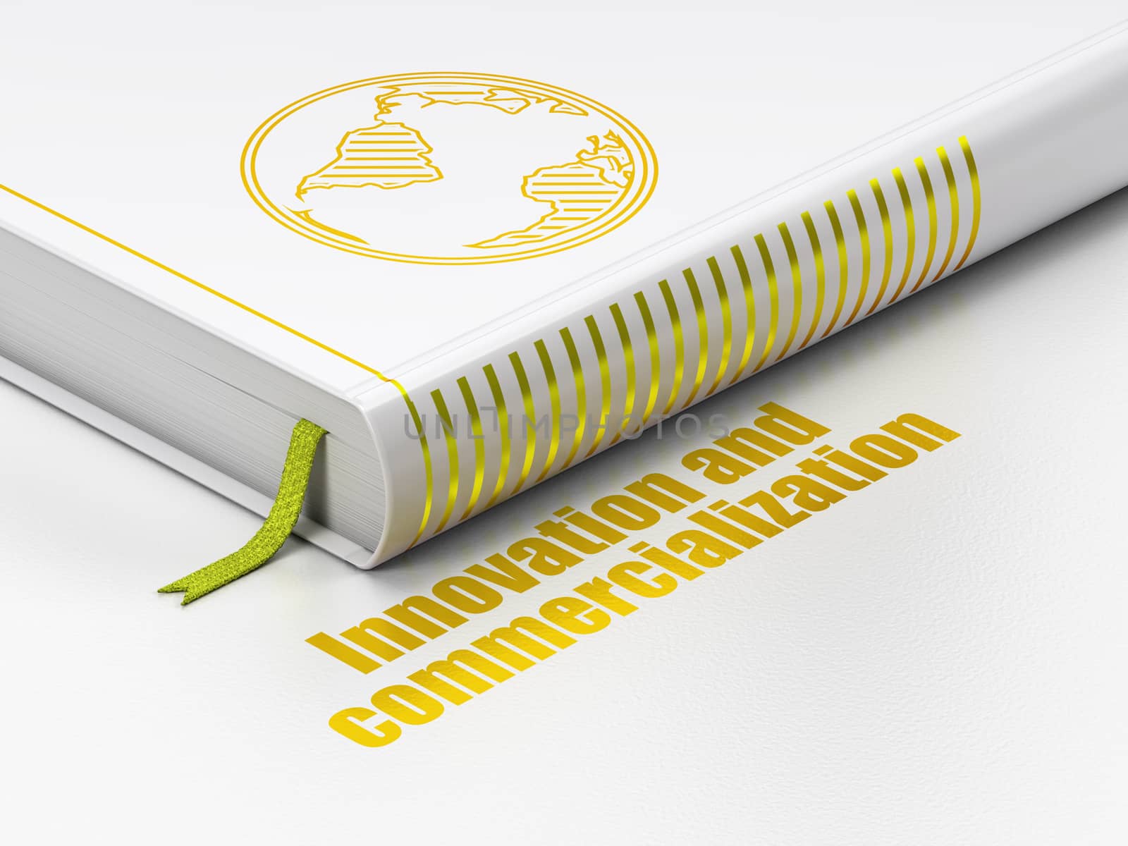 Science concept: closed book with Gold Globe icon and text Innovation And Commercialization on floor, white background, 3D rendering