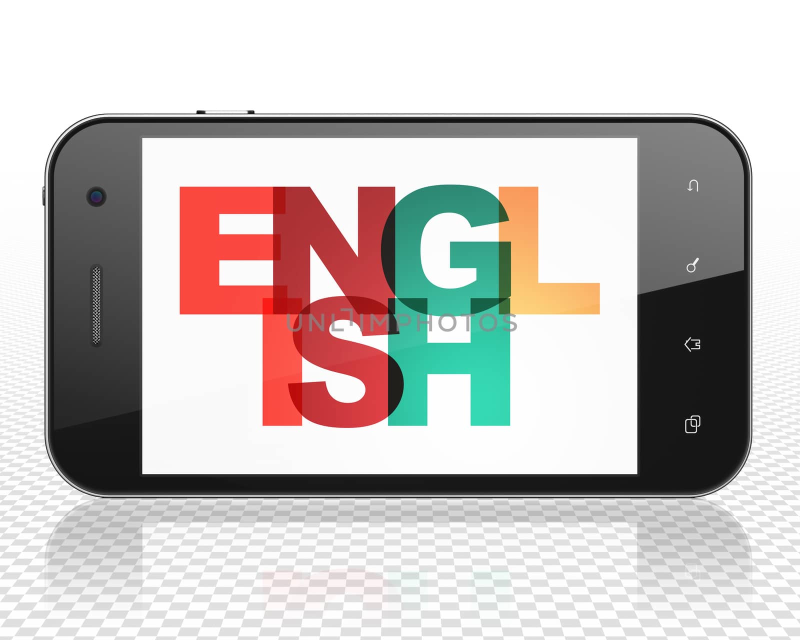 Education concept: Smartphone with Painted multicolor text English on display, 3D rendering