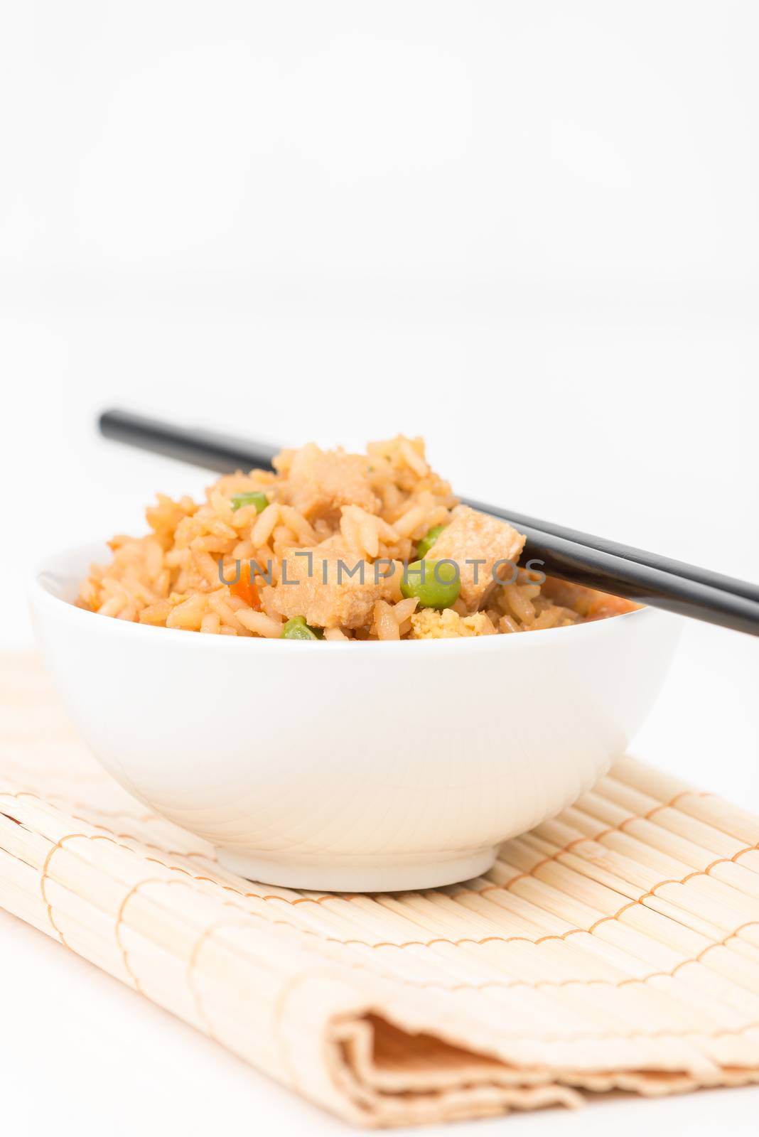 Bowl of chicken fried rice photographed closeup.