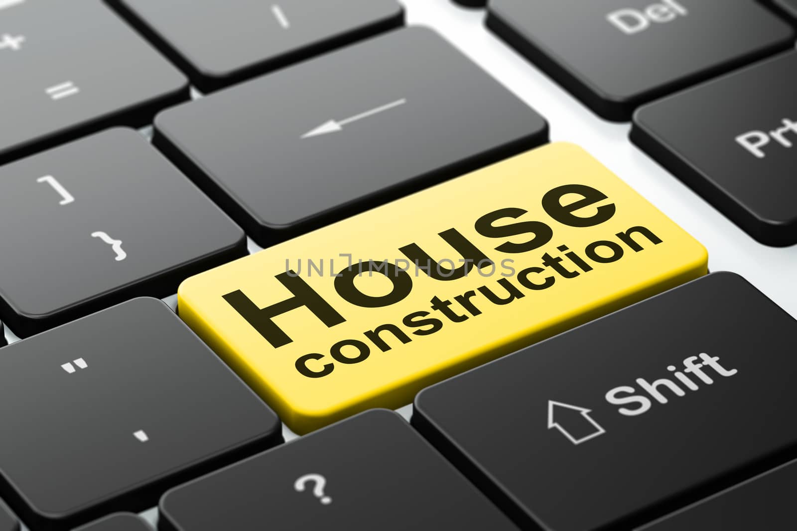 Constructing concept: computer keyboard with word House Construction, selected focus on enter button background, 3D rendering