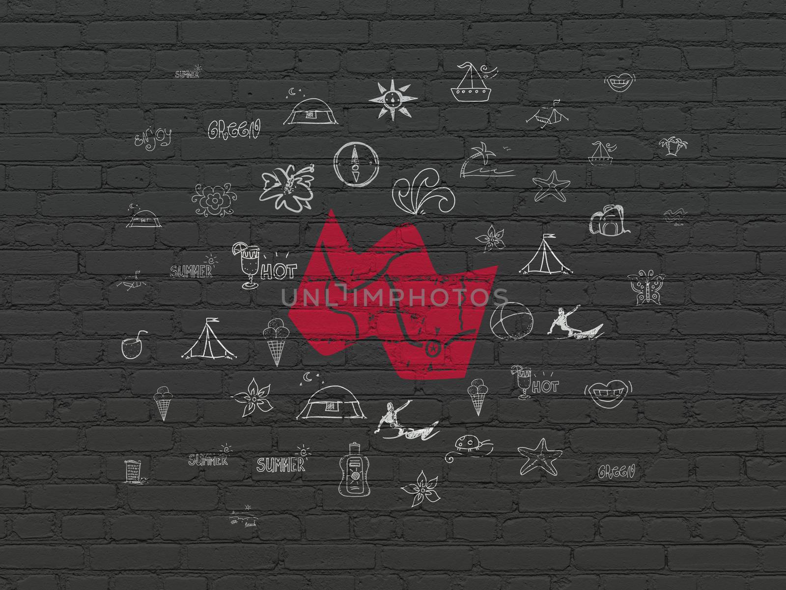 Vacation concept: Painted red Map icon on Black Brick wall background with  Hand Drawn Vacation Icons