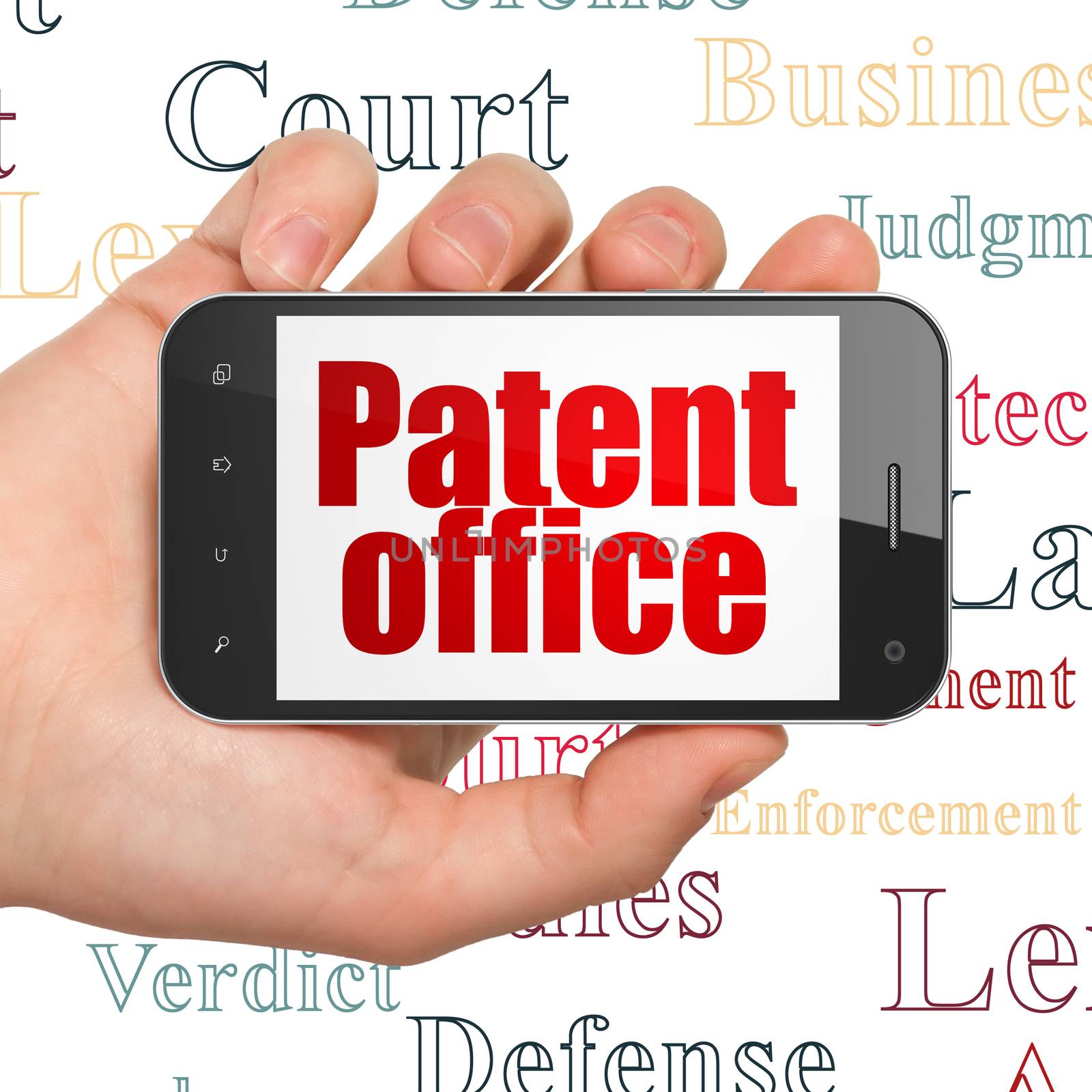 Law concept: Hand Holding Smartphone with  red text Patent Office on display,  Tag Cloud background, 3D rendering