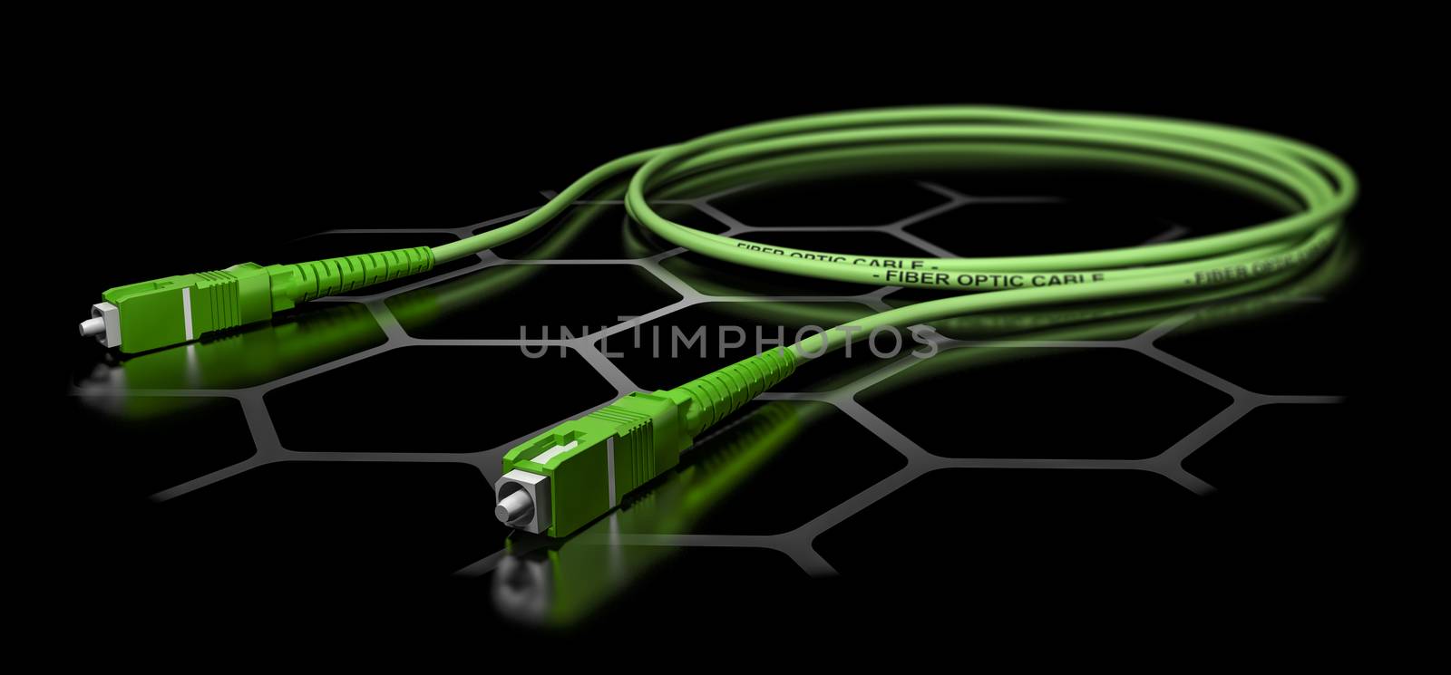 3D illustration of a green fiber optic patch cord over black background. Broadband network equipment