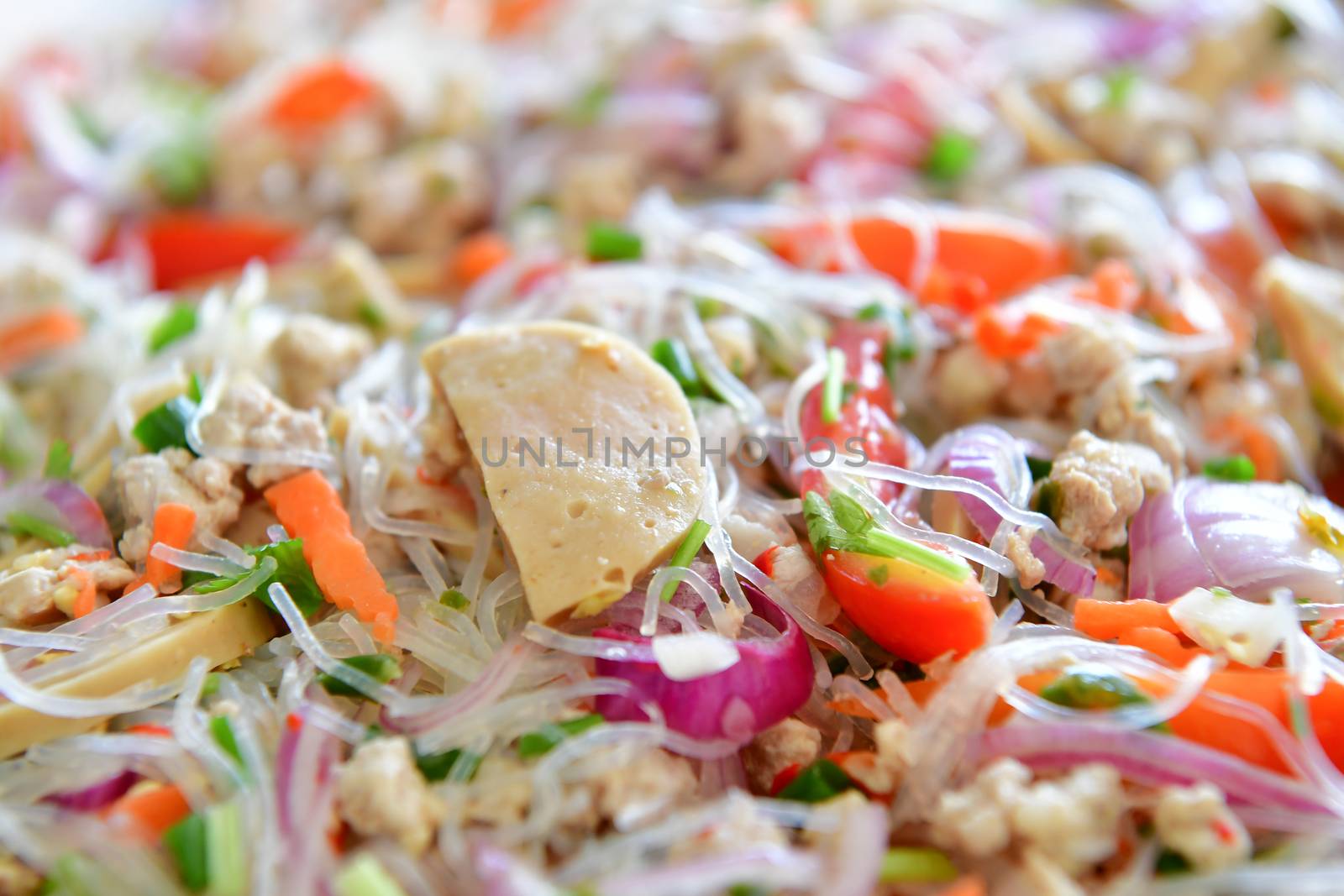 Spicy vermicelli salad with pork, Thai food.