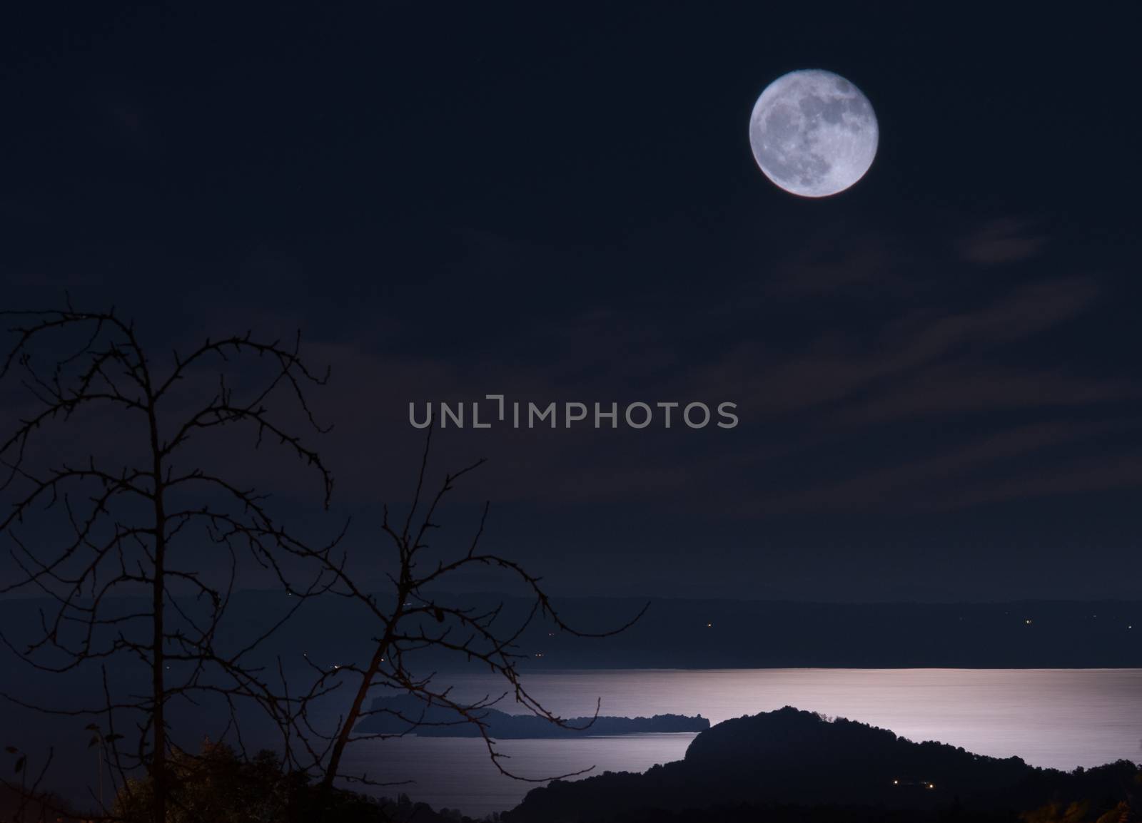 Full moon, light reflecting on a lake